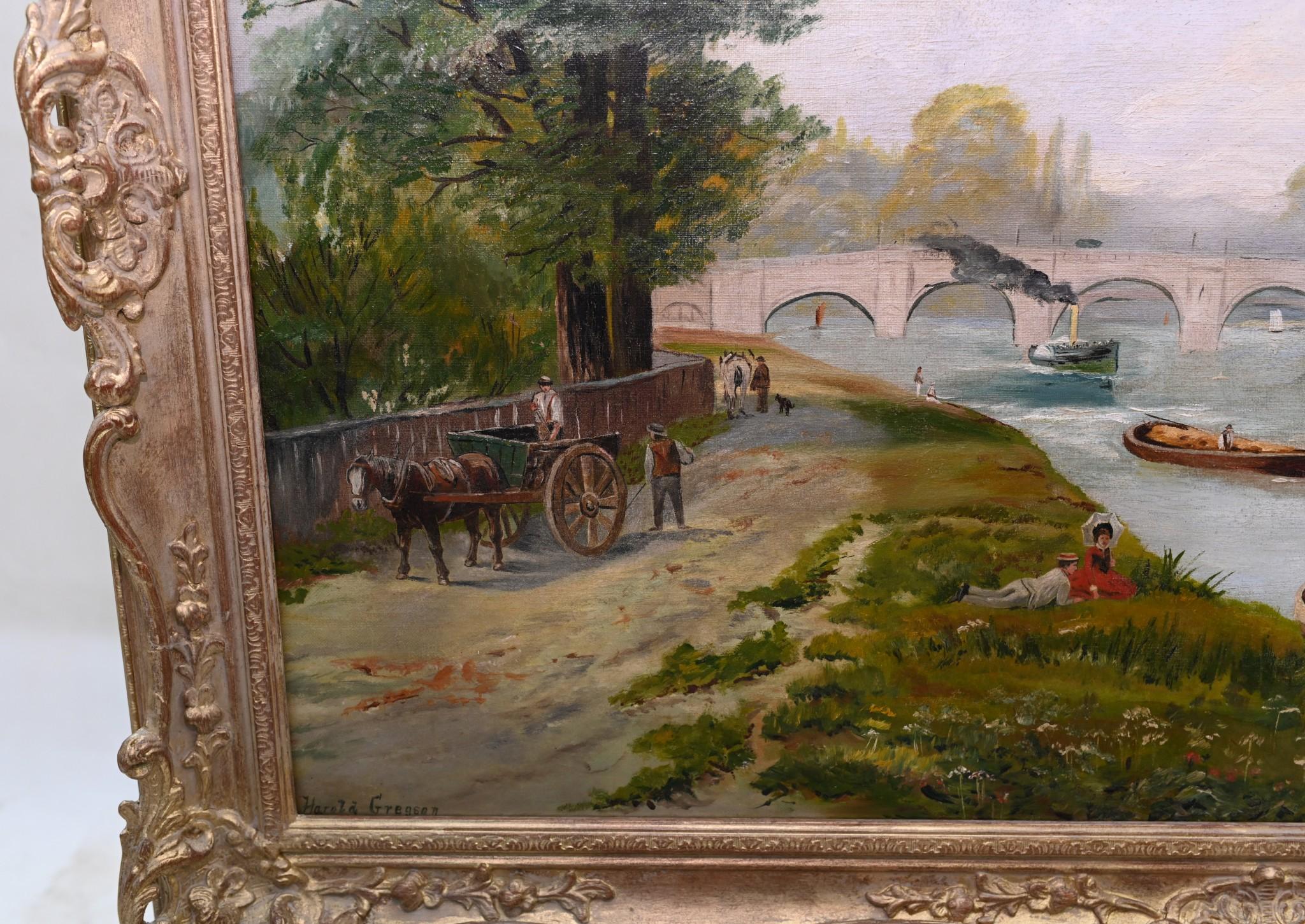 Henley on Thames Antique Oil Painting Riverscape 1870 Signed Harold Gregson For Sale 10