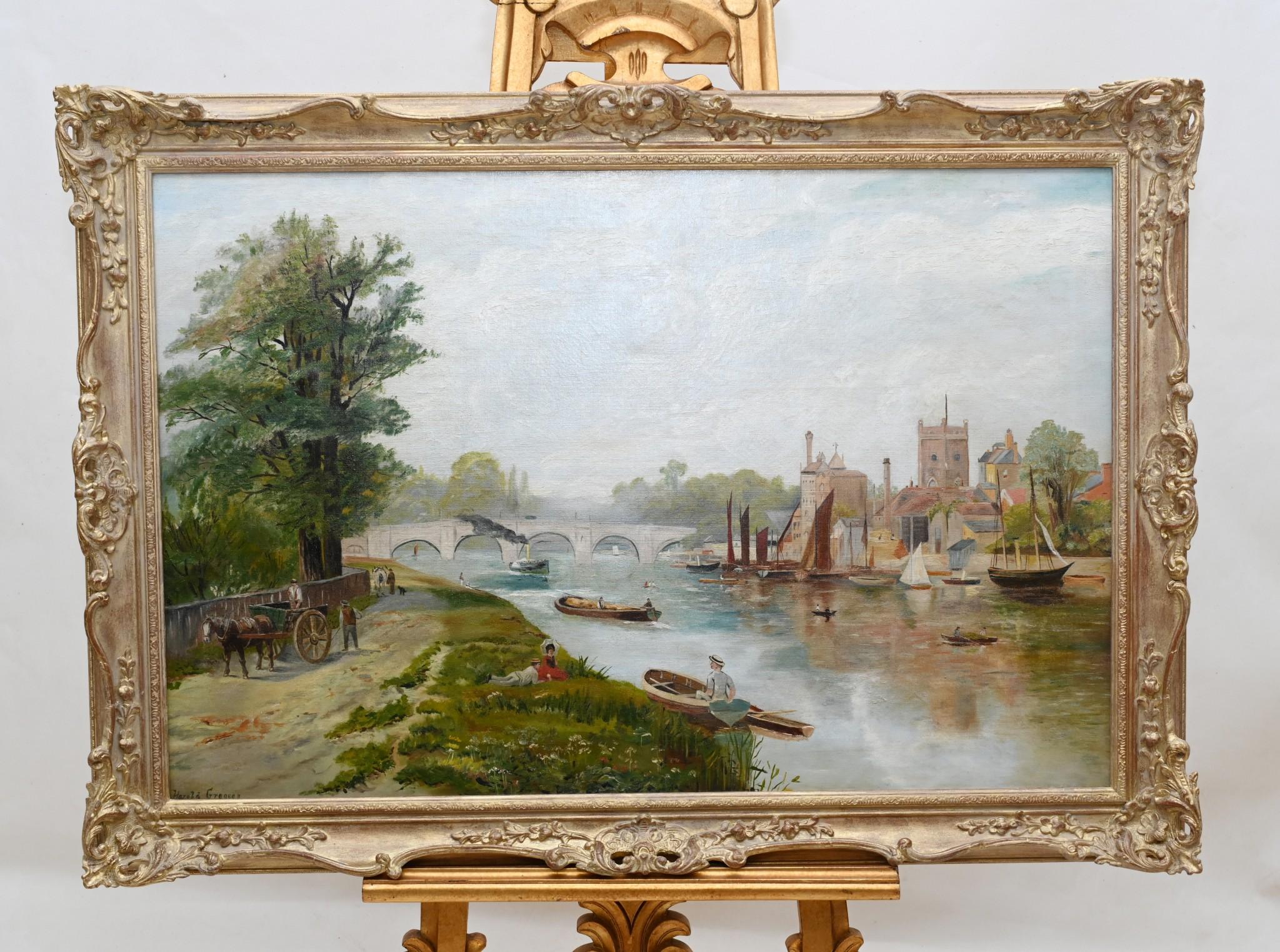Henley on Thames Antique Oil Painting Riverscape 1870 Signed Harold Gregson For Sale 12