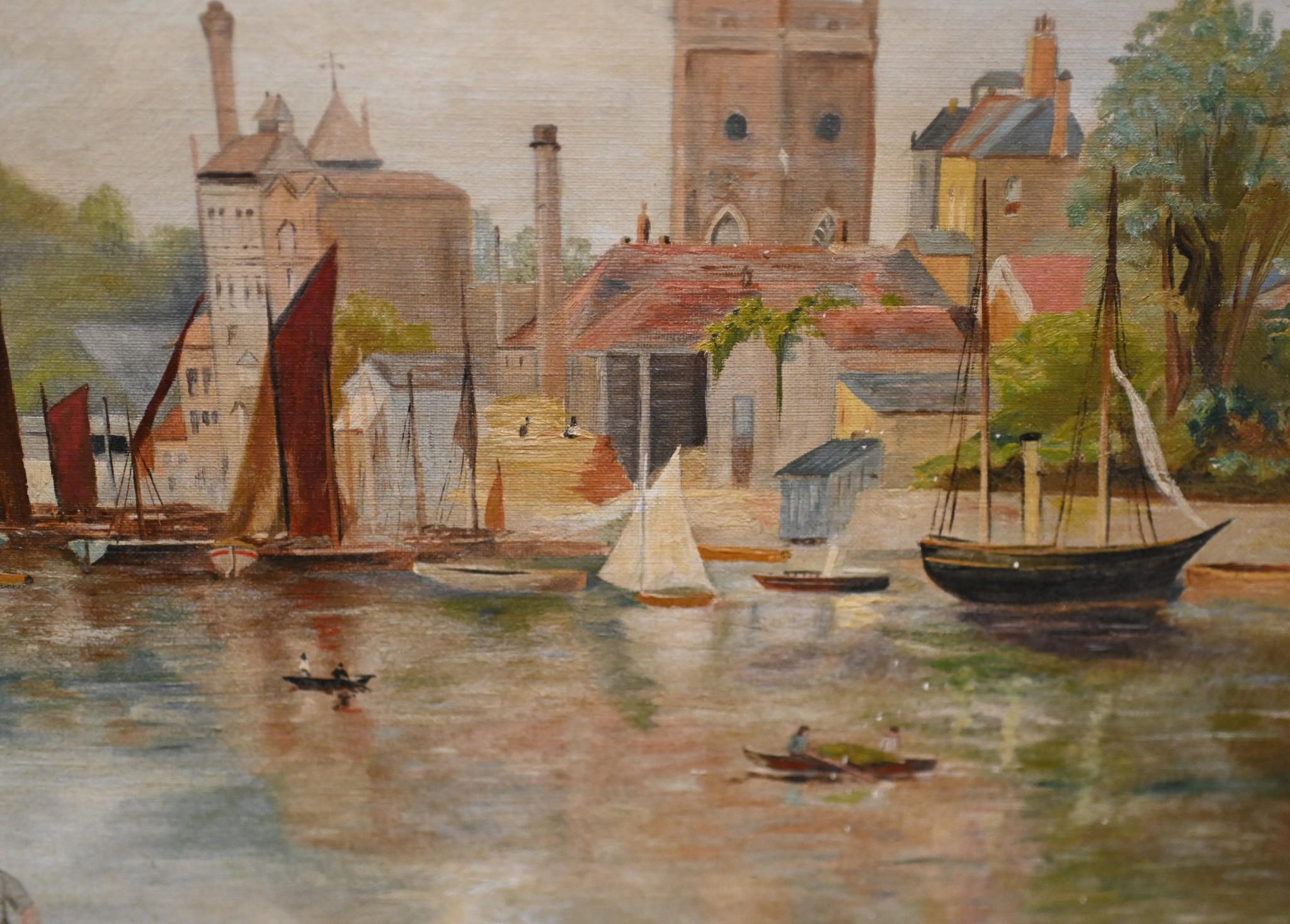 Late 19th Century Henley on Thames Antique Oil Painting Riverscape 1870 Signed Harold Gregson For Sale