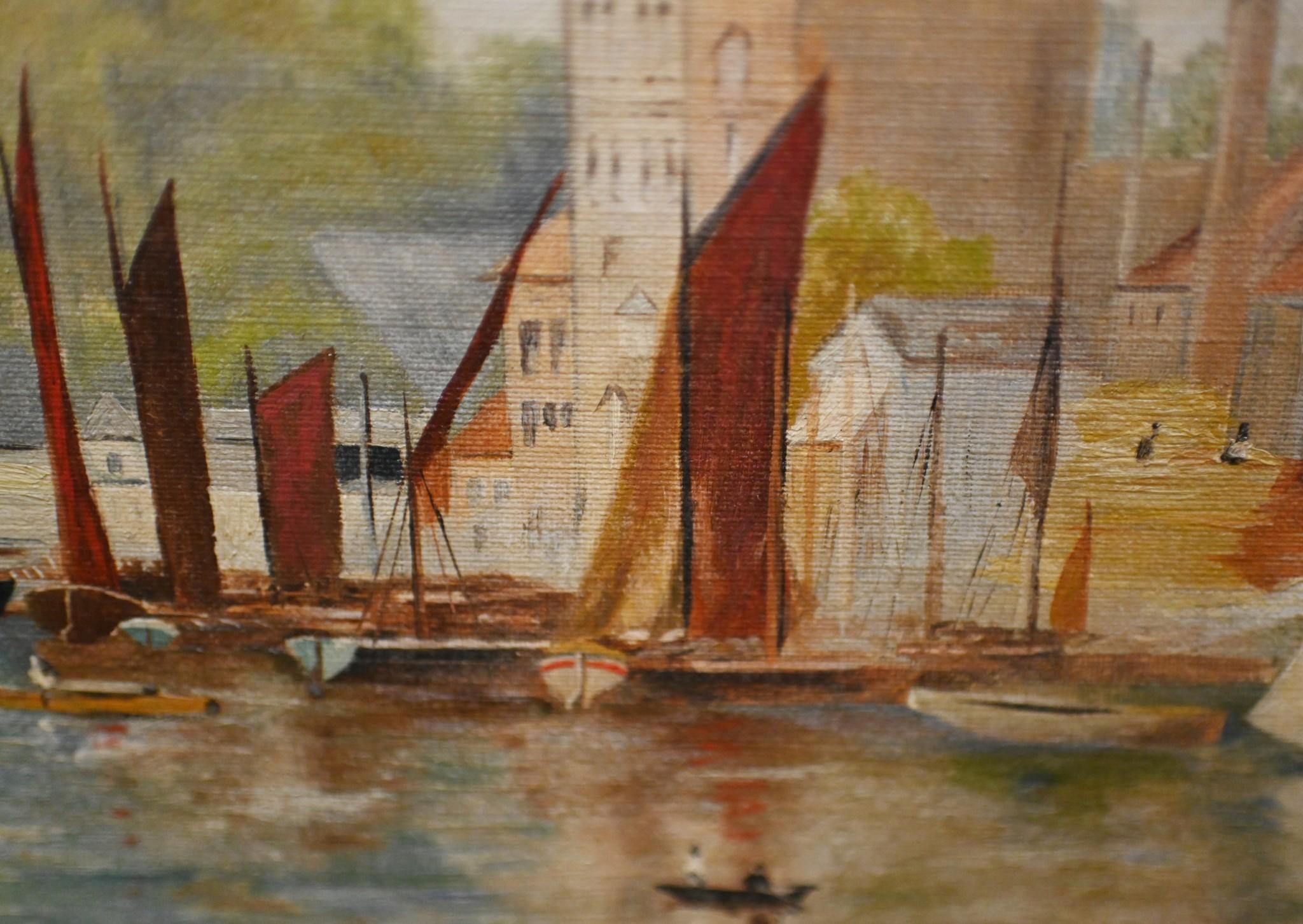 Giltwood Henley on Thames Antique Oil Painting Riverscape 1870 Signed Harold Gregson For Sale