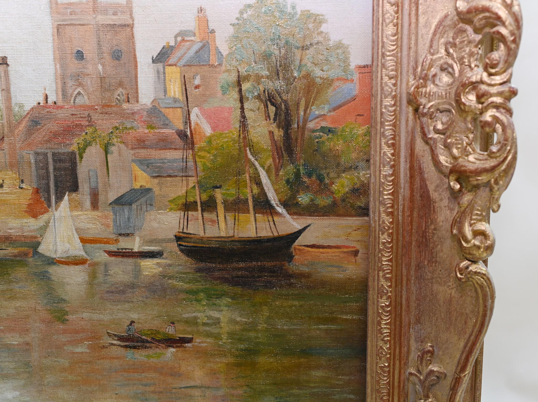 Henley on Thames Antique Oil Painting Riverscape 1870 Signed Harold Gregson For Sale 2