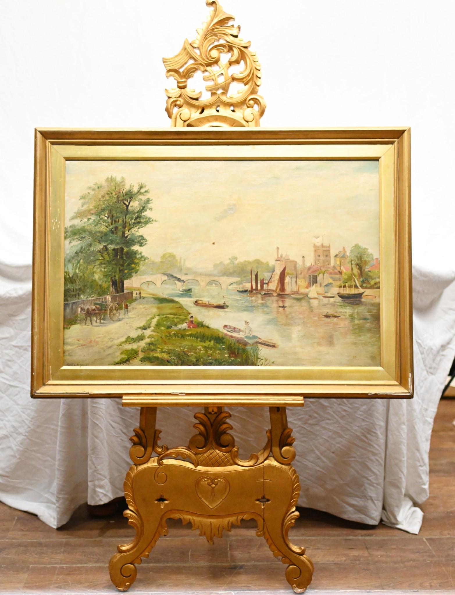 Henley on Thames Antique Oil Painting Riverscape 1870 Signed Harold Gregson For Sale 1