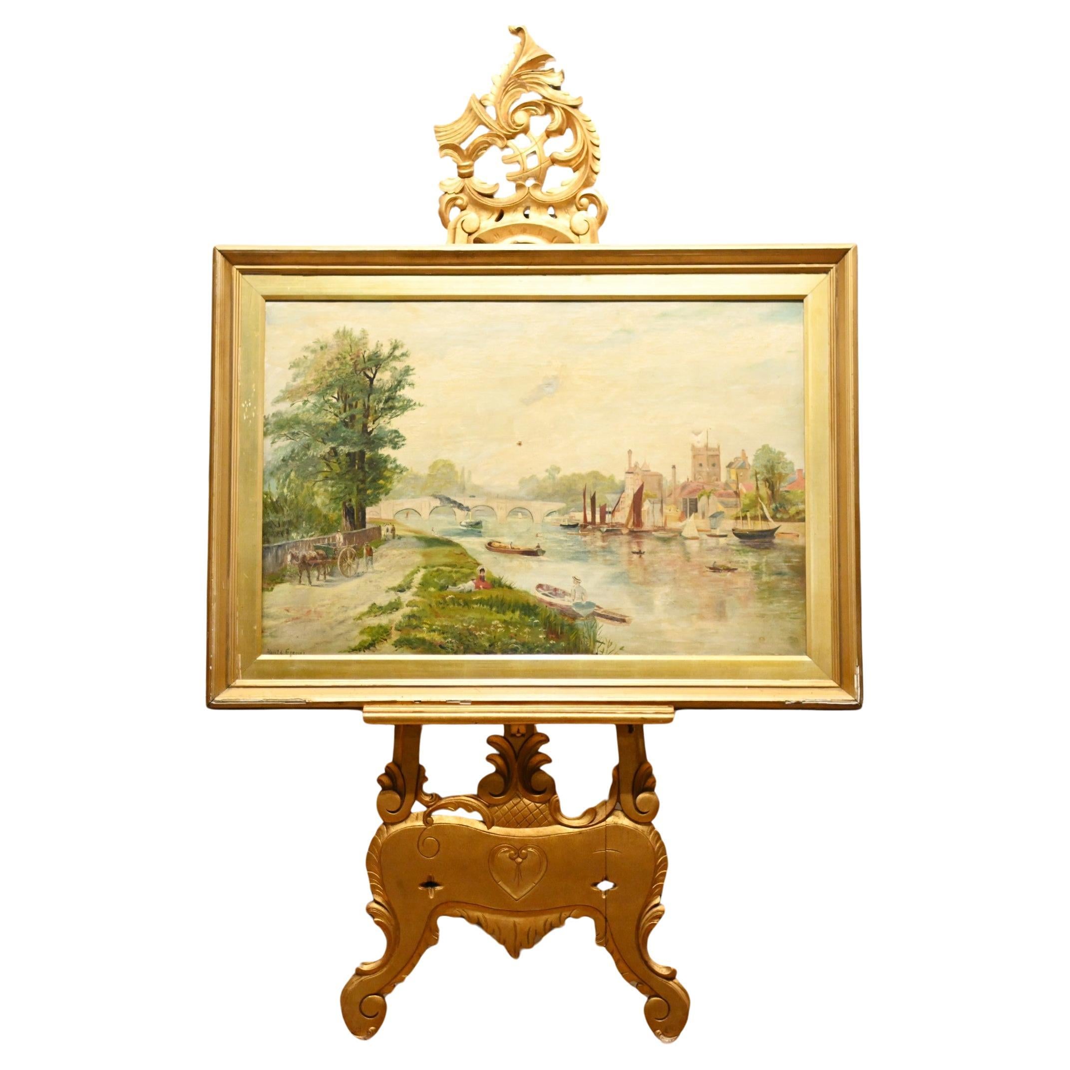 Henley on Thames Antique Oil Painting Riverscape 1870 Signed Harold Gregson