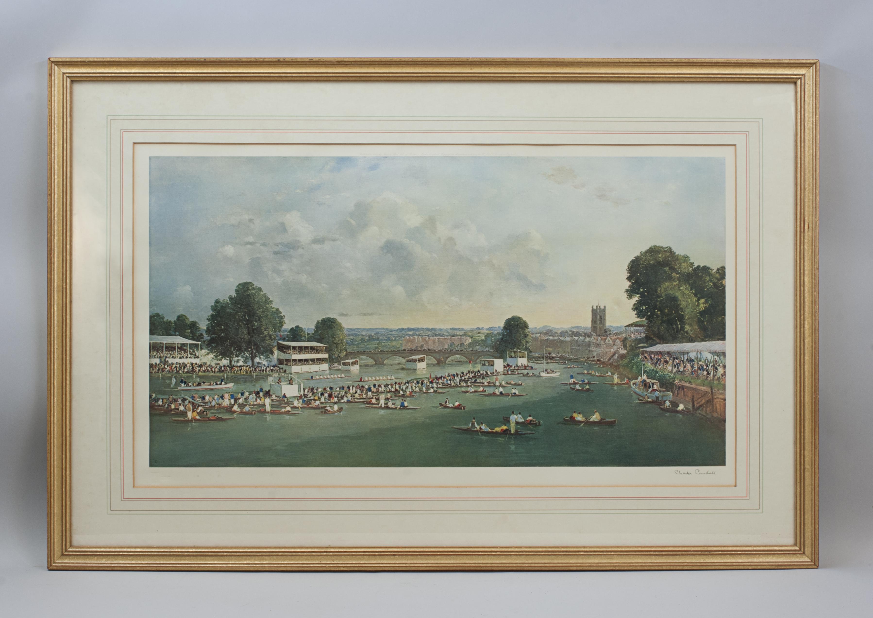 Signed Henley, Royal Regatta by Charles Cundall. River Pageant.
A large colourful rowing picture of Henley Regatta by Charles E. Cundall. This charming picture illustrates the romantic view of Henley in days gone by. The river is overcrowded with
