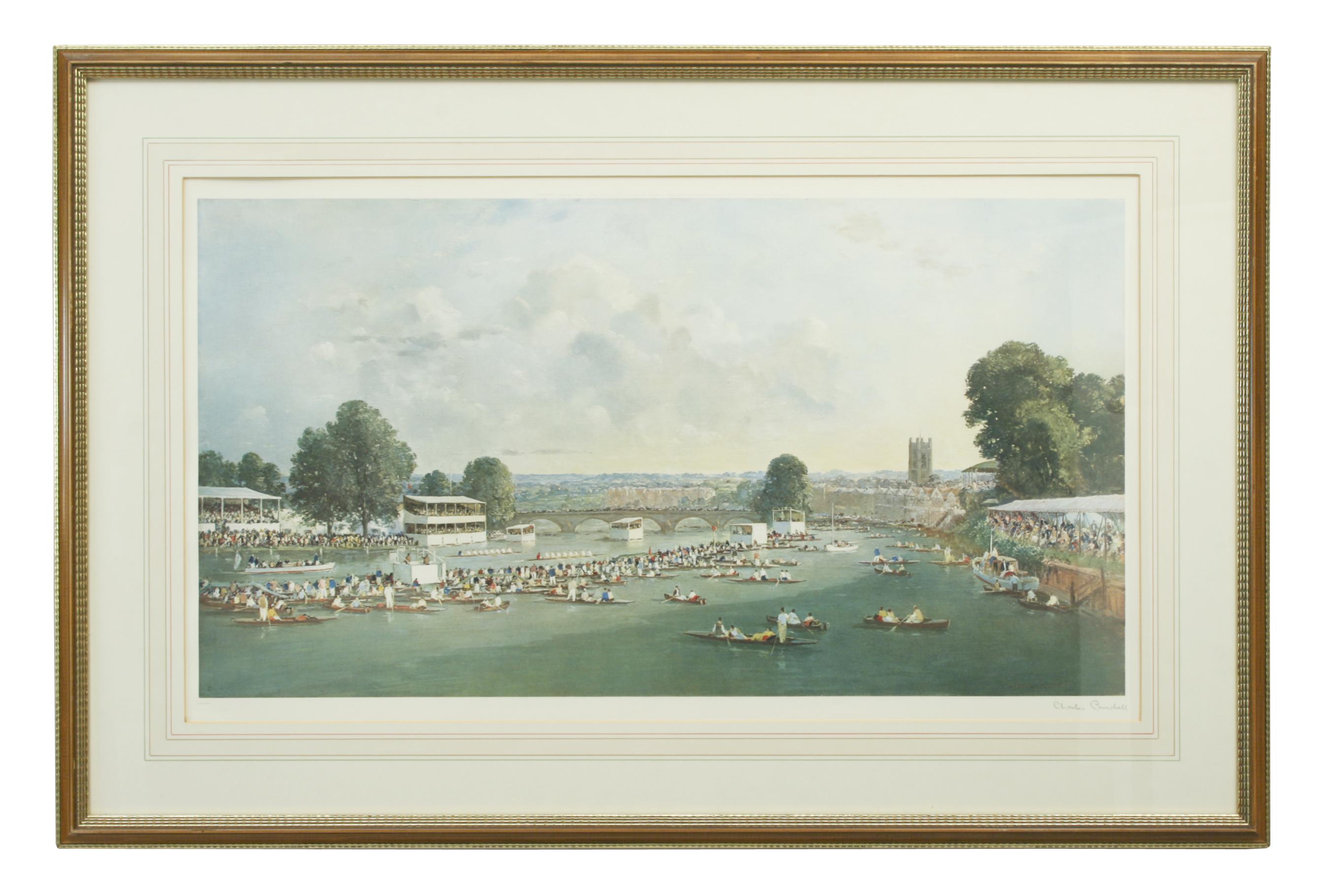 Henley, Royal Regatta by Charles Cundall. River Pageant.
A large colourful rowing picture of Henley Regatta by Charles E. Cundall. This charming picture illustrates the romantic view of Henley in days gone by. The river is overcrowded with people