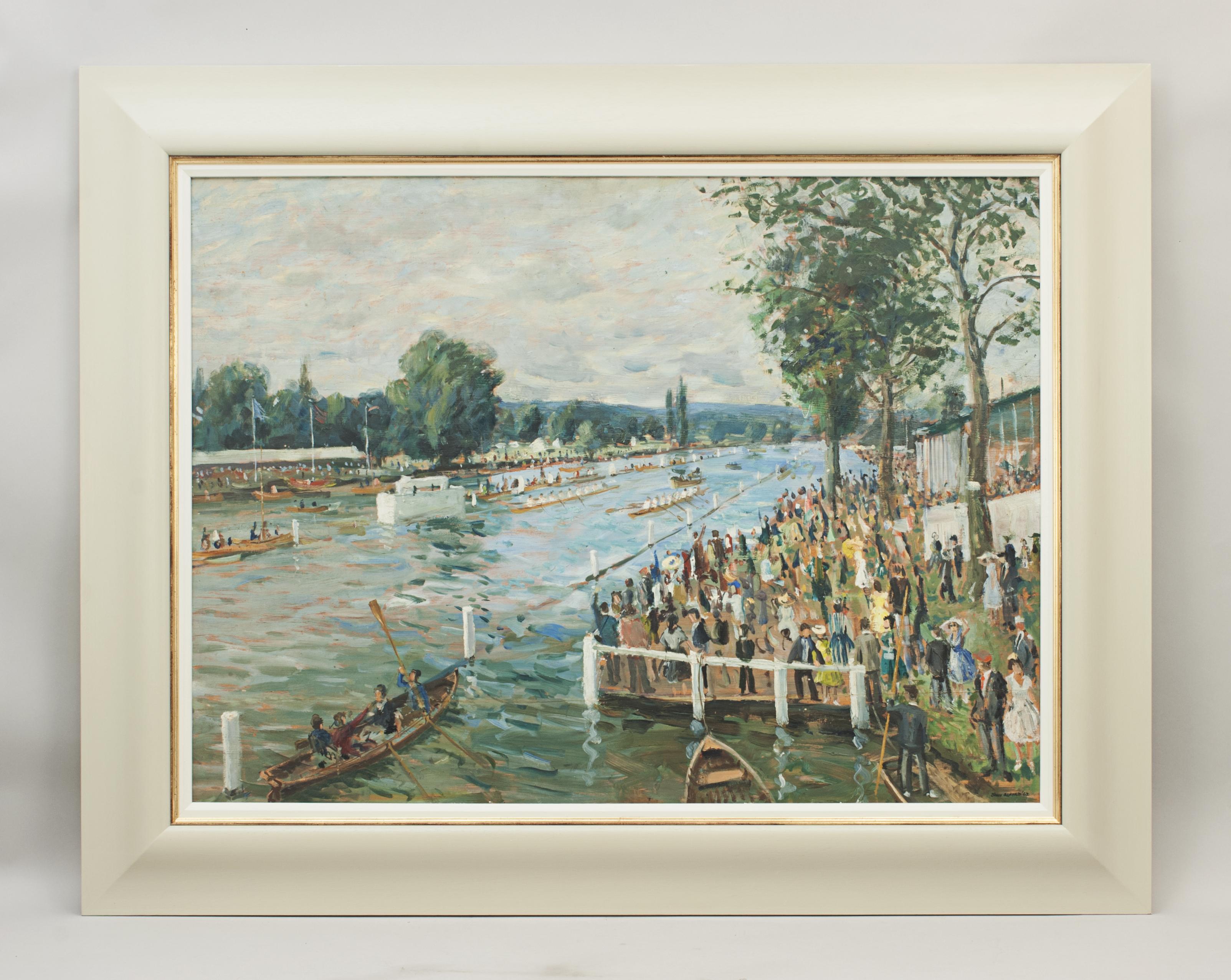 Oil on board painting of Henley Royal Regatta By John Alford.
A large colorful rowing picture of Henley Regatta by John Alford. This charming picture illustrates the romantic view of Henley in days gone by. The river bank is overcrowded with people