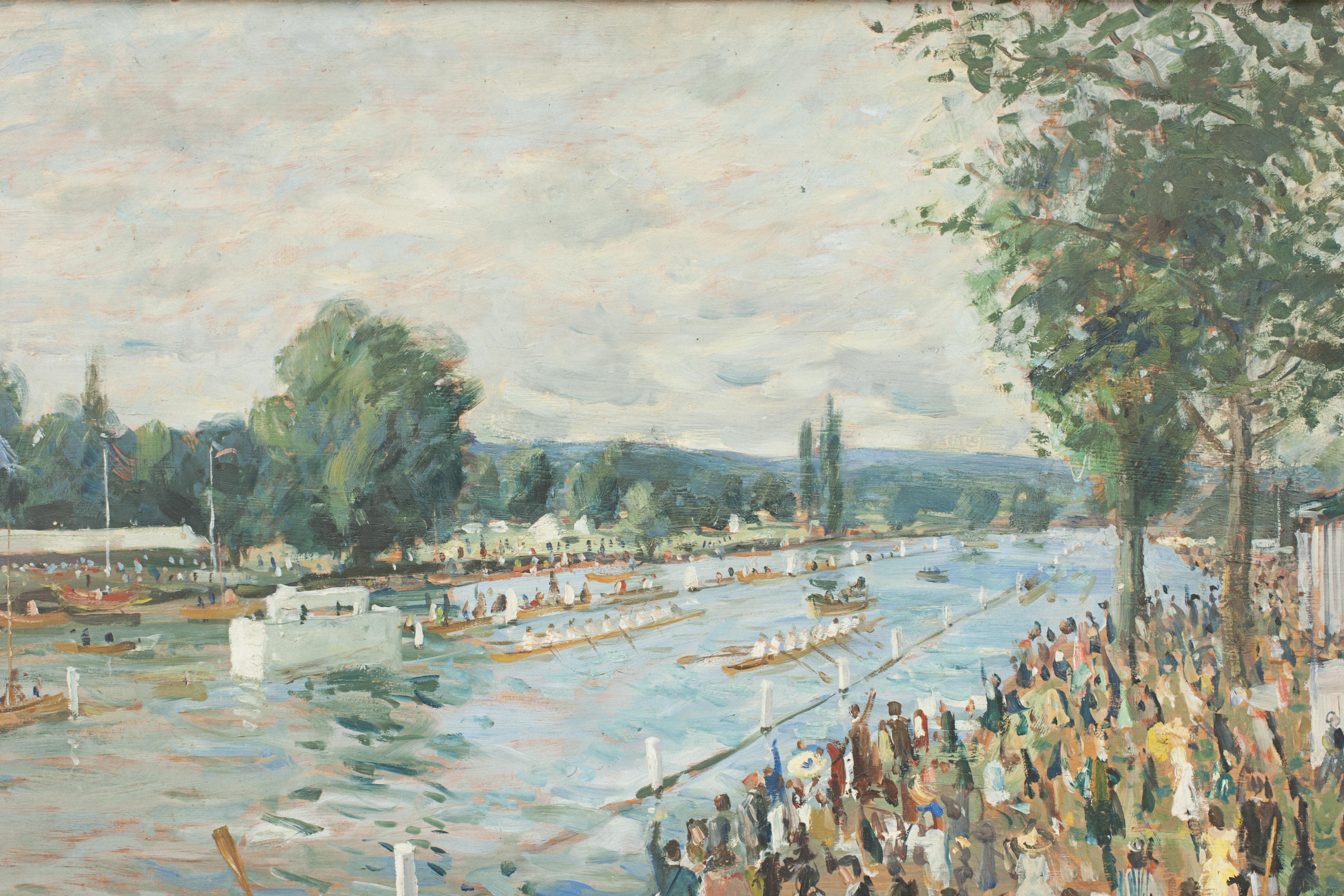Henley Royal Regatta, Oil Painting on Board by John Alford In Good Condition In Oxfordshire, GB