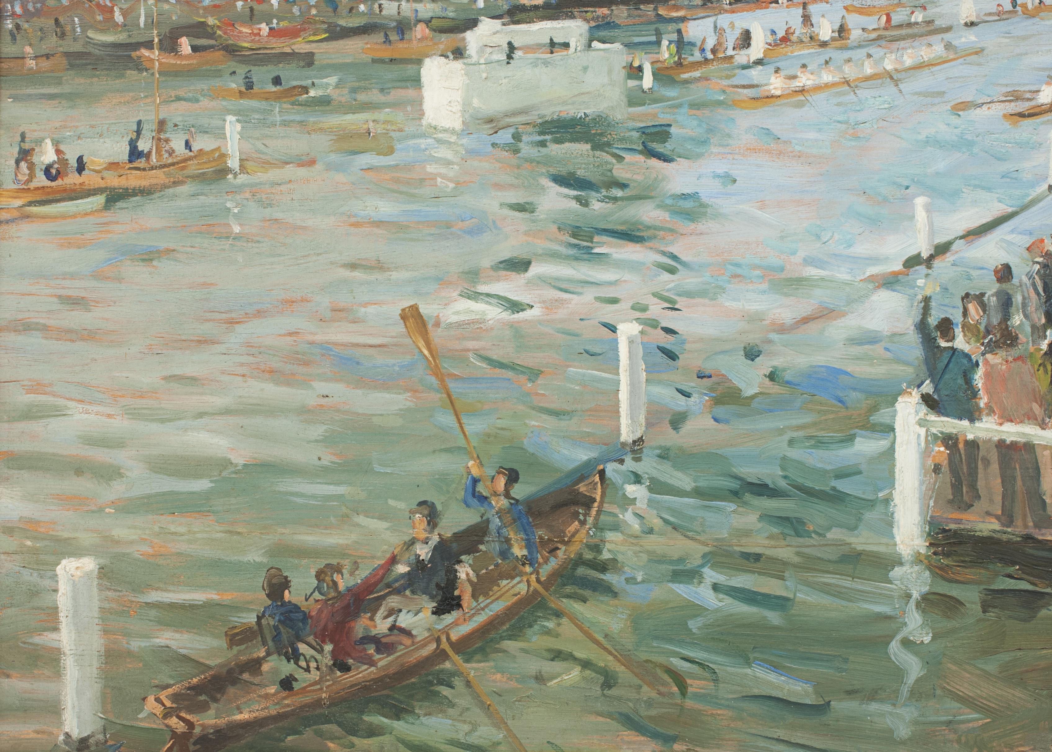 Mid-20th Century Henley Royal Regatta, Oil Painting on Board by John Alford