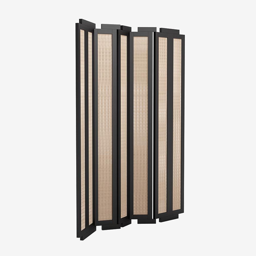 This Henley Street Paravant by Yabu Pushelberg in black pepper stained matte oak is paired with woven cane accents.

A sustainably sourced solid French oak frame is hand-hewn by craftsmen in the Netherlands. The sturdy frame is balanced with light