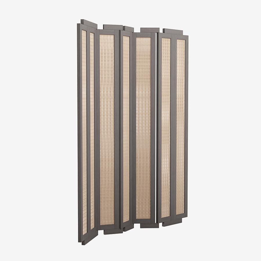 This Henley Street Paravant by Yabu Pushelberg in mist matte lacquered oak is paired with woven cane accents.

A sustainably sourced solid French oak frame is hand-hewn by craftsmen in the Netherlands. The sturdy frame is balanced with light