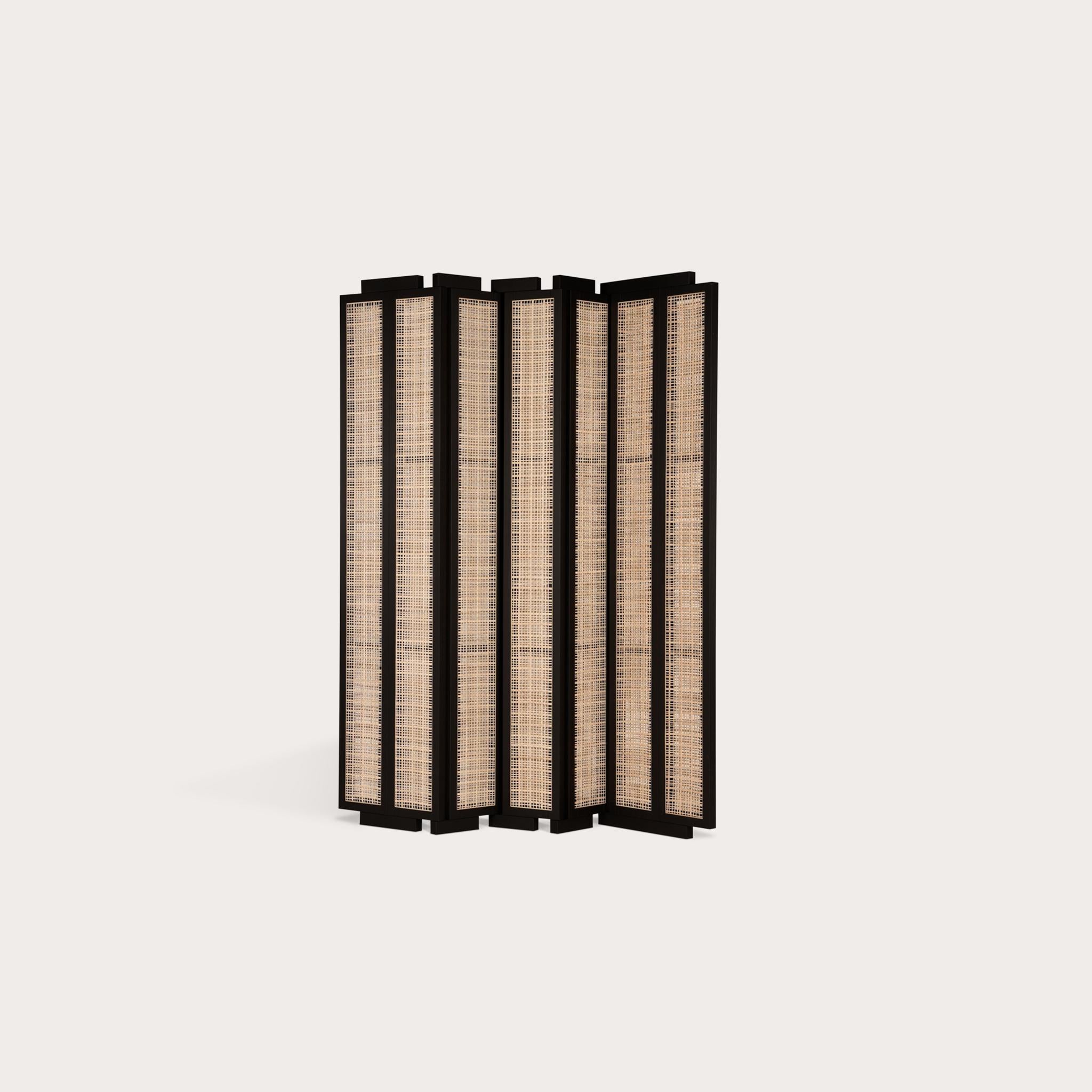 This Henley Street Paravant by Yabu Pushelberg in nude brushed ultra matte lacquered oak is paired with woven cane accents.

A sustainably sourced solid French oak frame is hand-hewn by craftsmen in the Netherlands. The sturdy frame is balanced