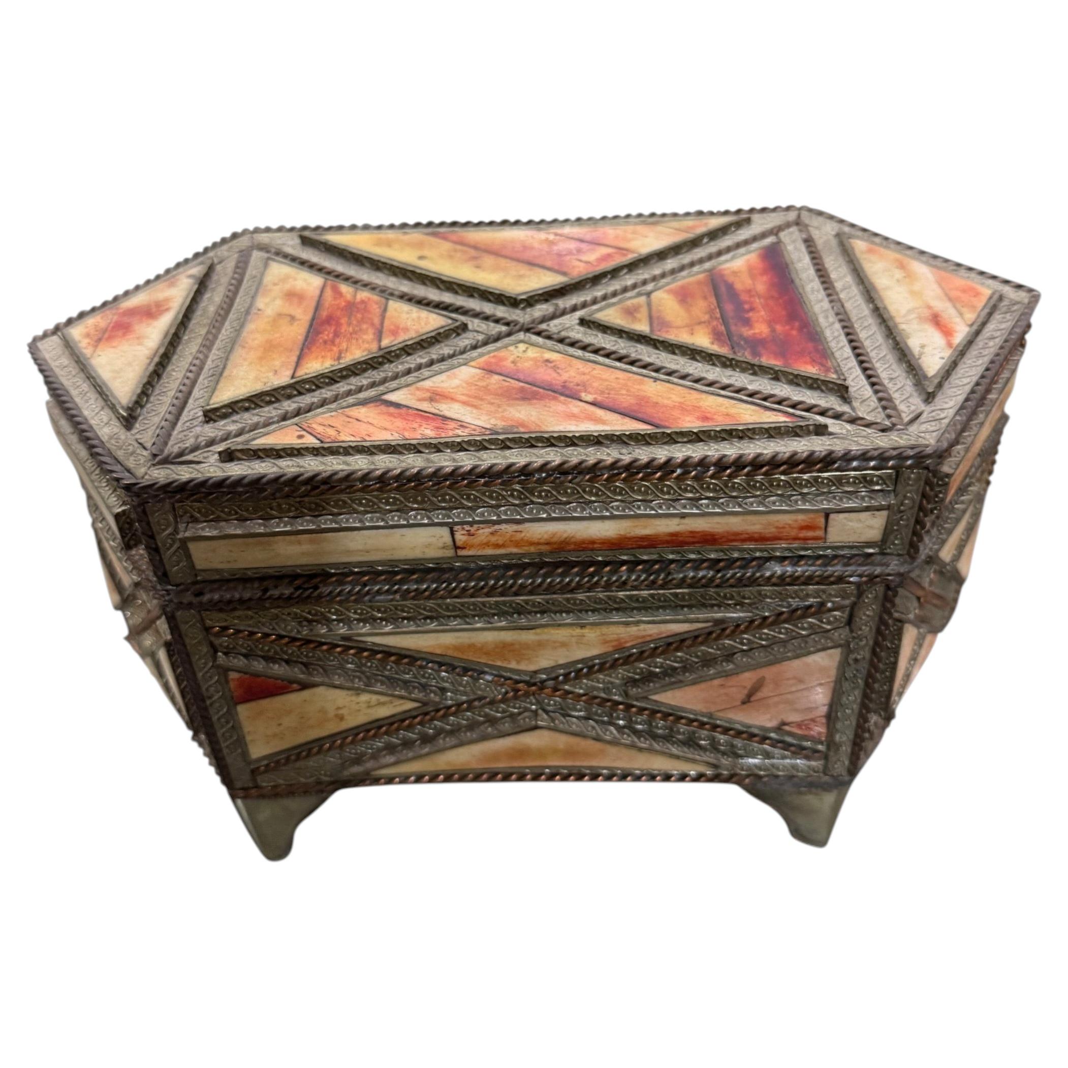 19th Century Moroccan Decorative Box with Dyed Bone & Silver Inlay For Sale