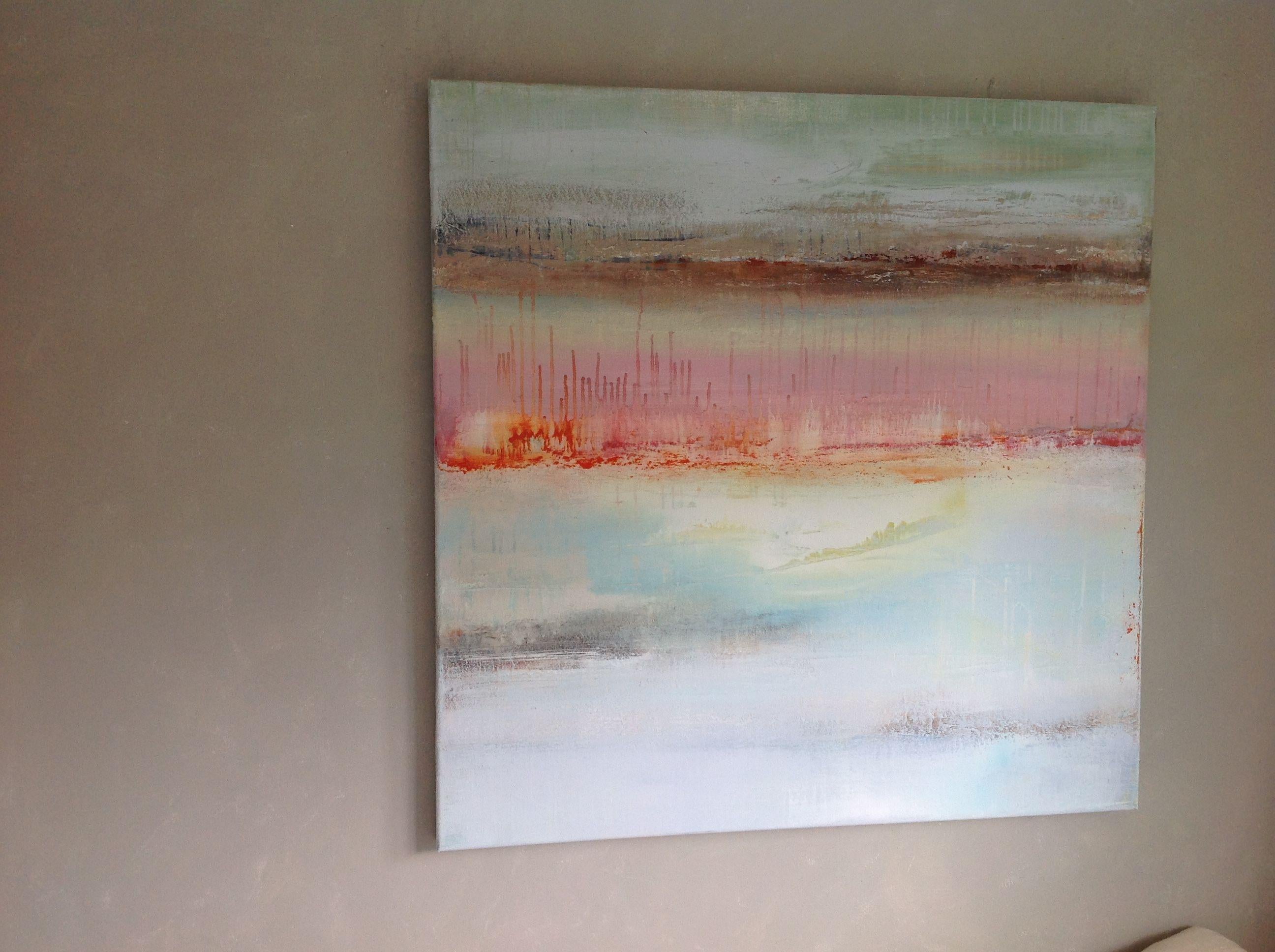 La festa astratta dei fenicotteri, Pittura, Acrilico su tela - Abstract Painting Marrone di Hennie Van de Lande 
