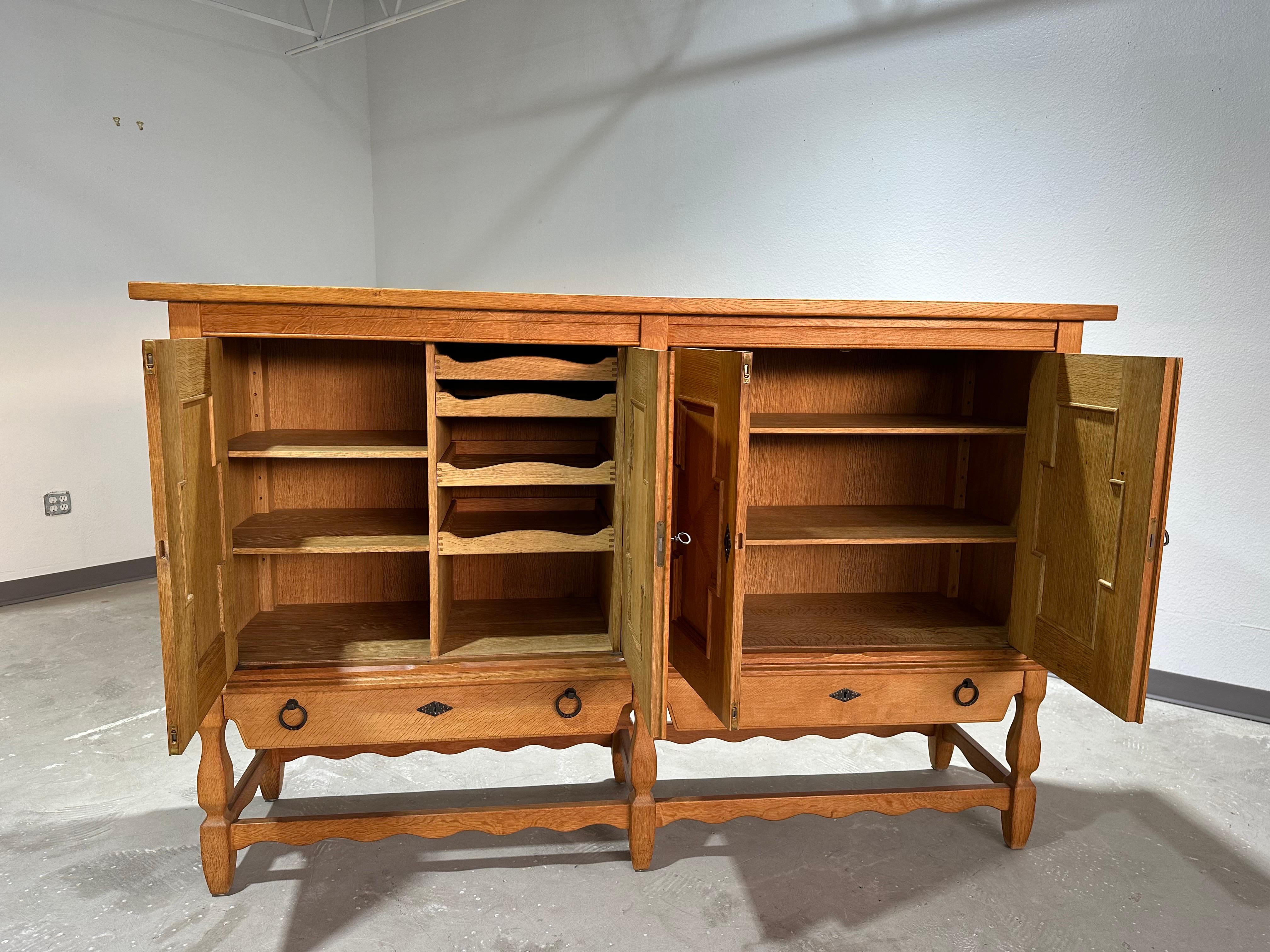 20th Century Henning Kjaernulf 1970’s Danish Oak Carved Brutalist Sideboard