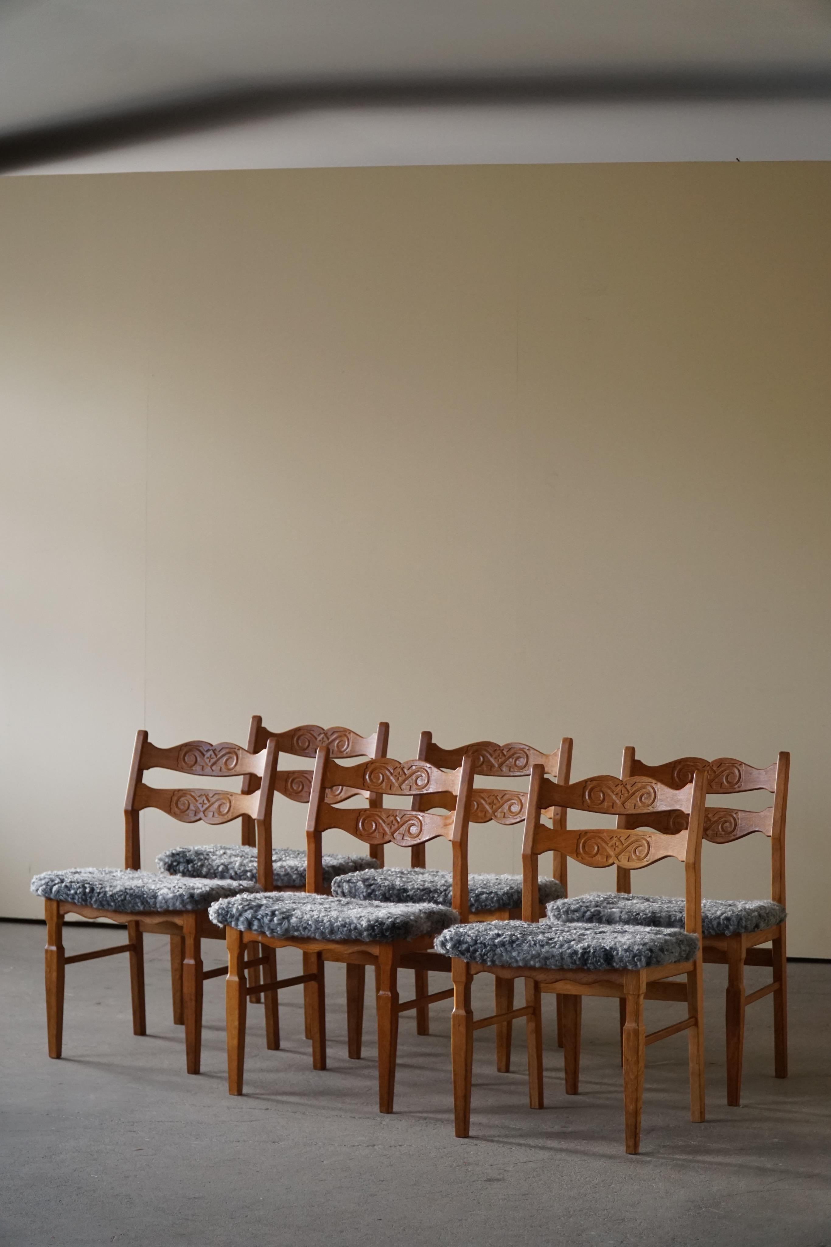 Wool Henning Kjærnulf, 6 Dining Chairs in Oak & Gotland Sheepskin, Made in 1960s