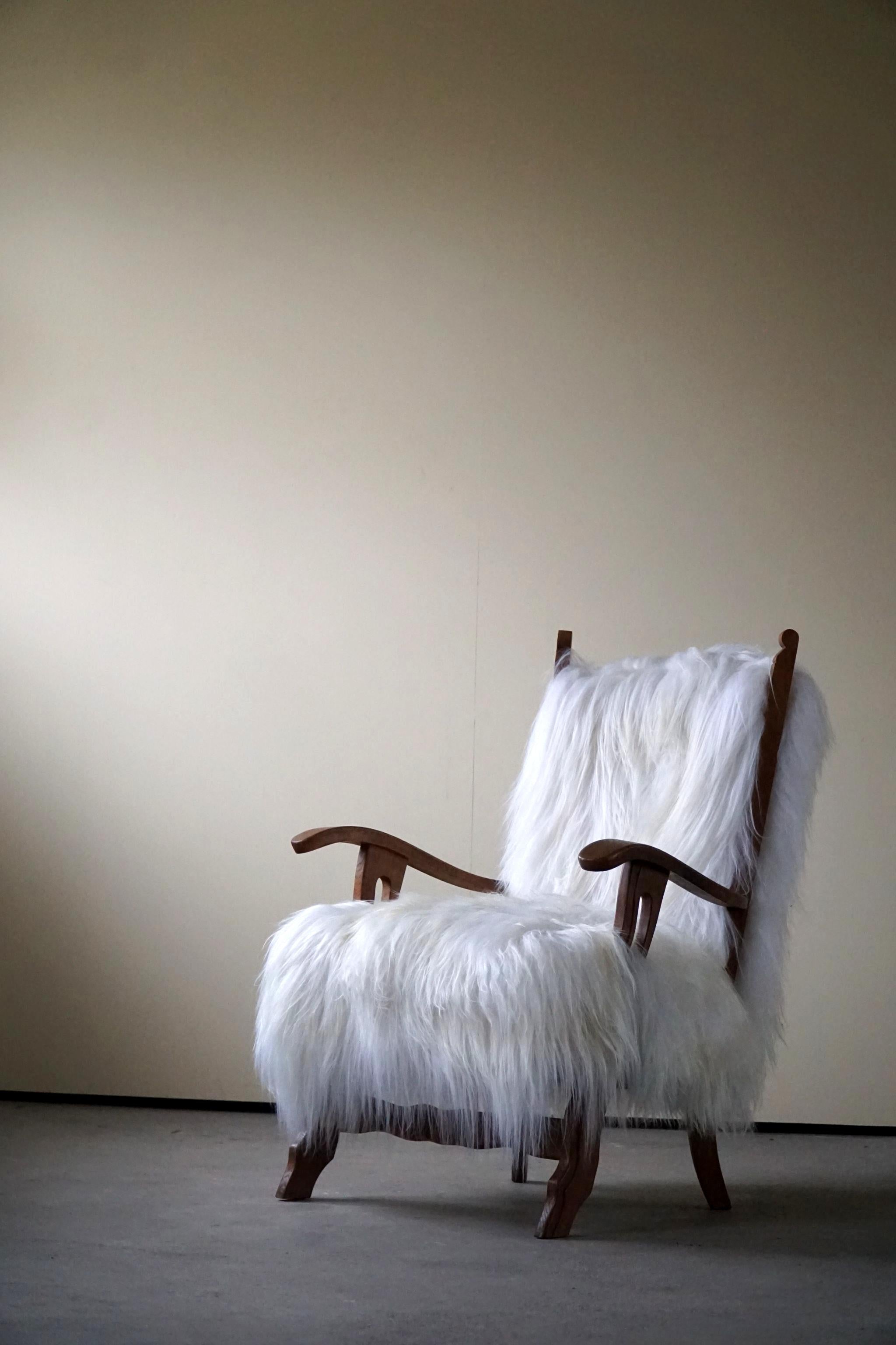 Lambskin Henning Kjærnulf, Armchair Reupholstered in Longhaired Icelandic Sheepskin, 1950 For Sale