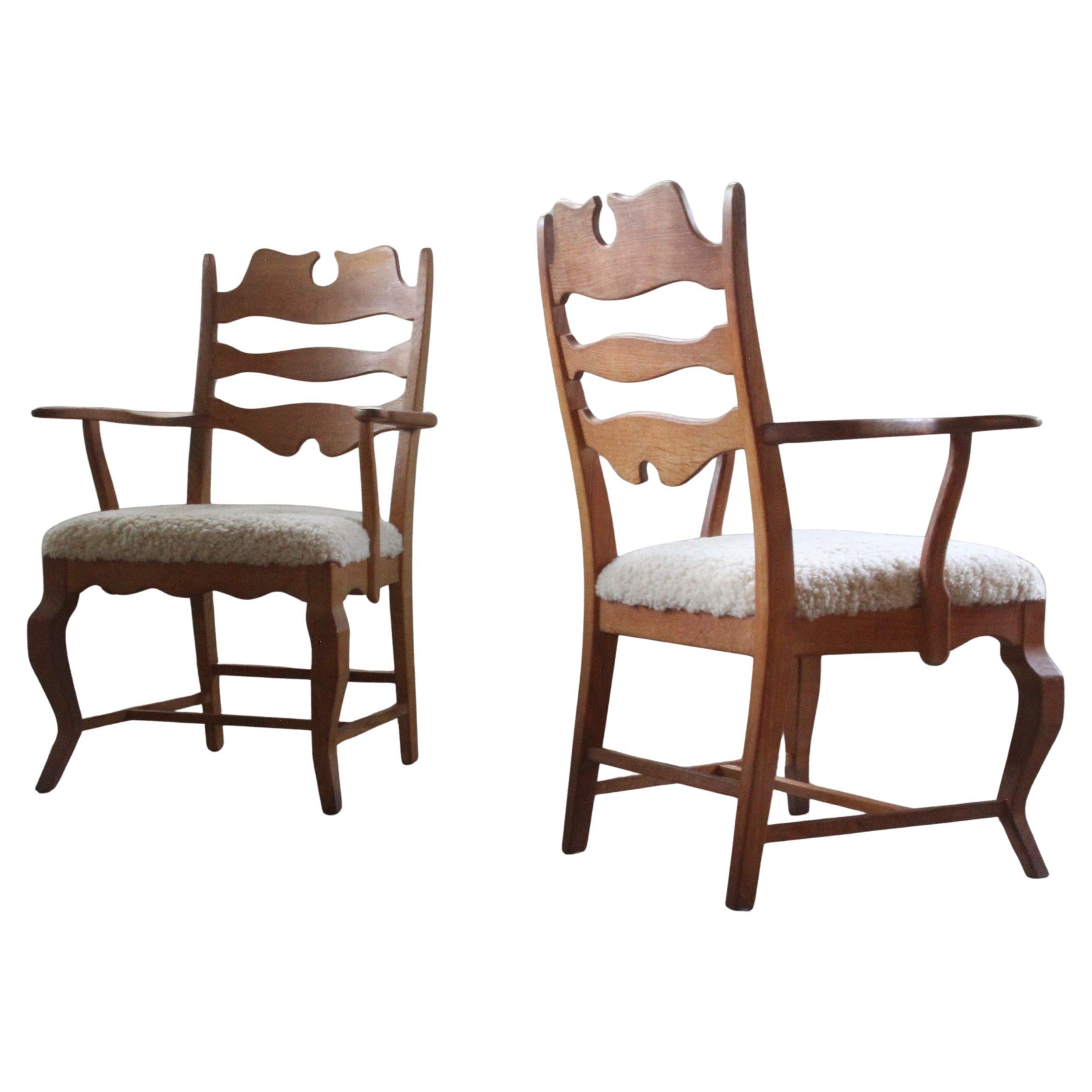 Henning Kjaernulf Brutalist Oak Razorblade Arm Chairs with original sticker