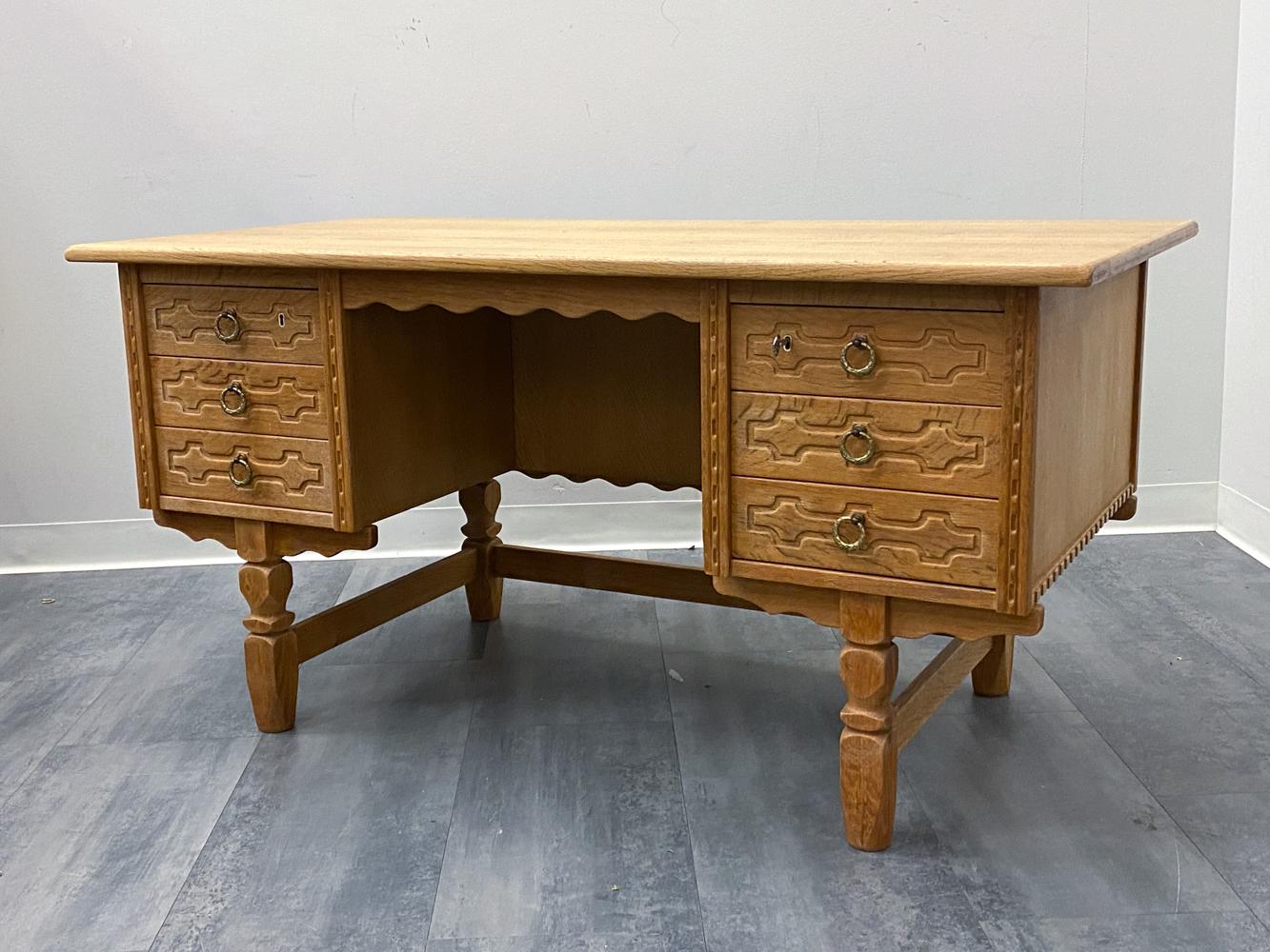 Scandinavian Modern Henning Kjaernulf Danish Mid-Century Carved Oak Desk For Sale