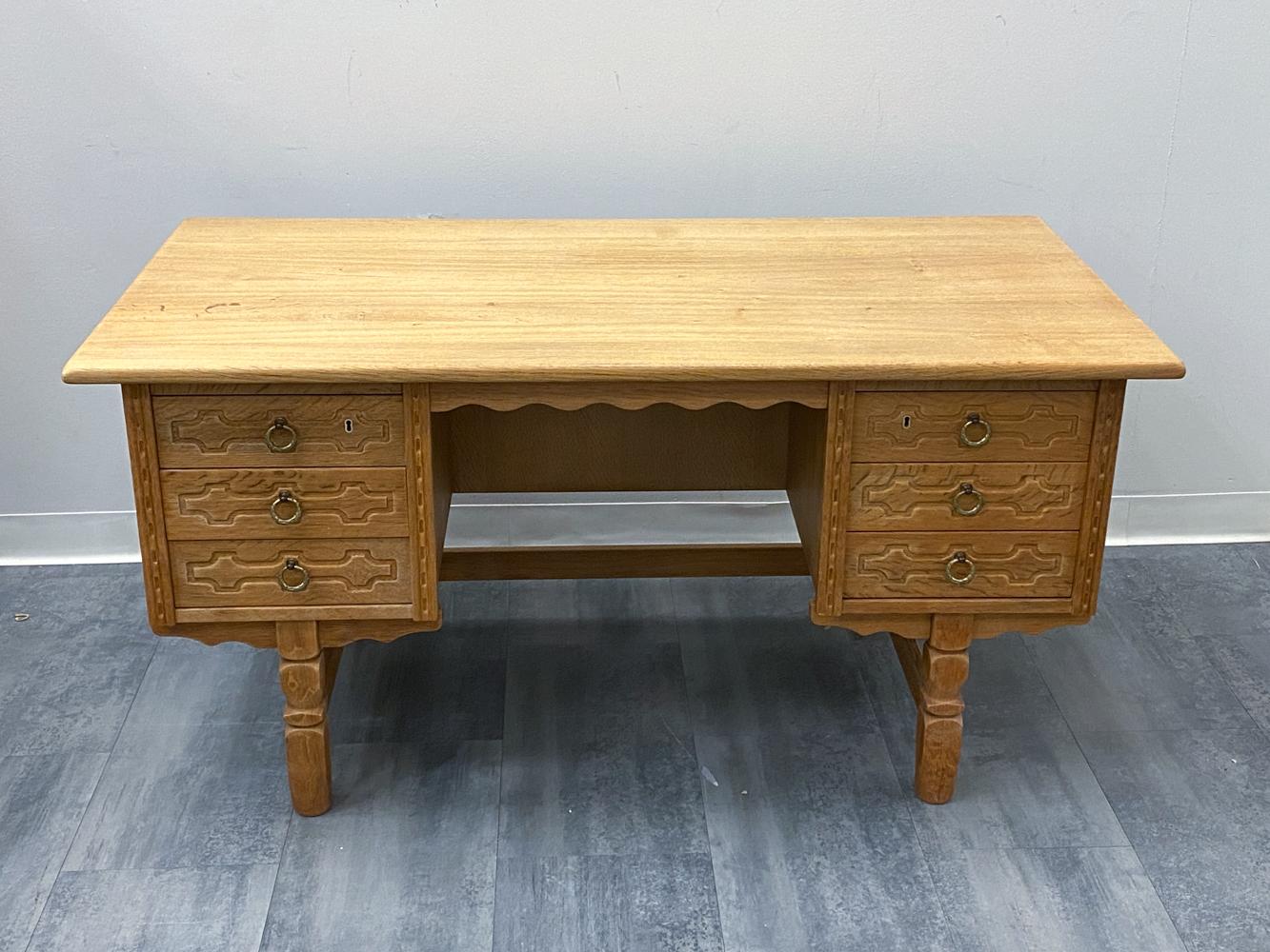 Henning Kjaernulf Danish Mid-Century Carved Oak Desk For Sale 2