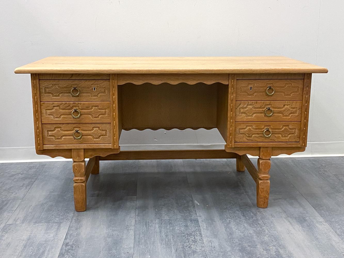 Henning Kjaernulf Danish Mid-Century Carved Oak Desk For Sale 3