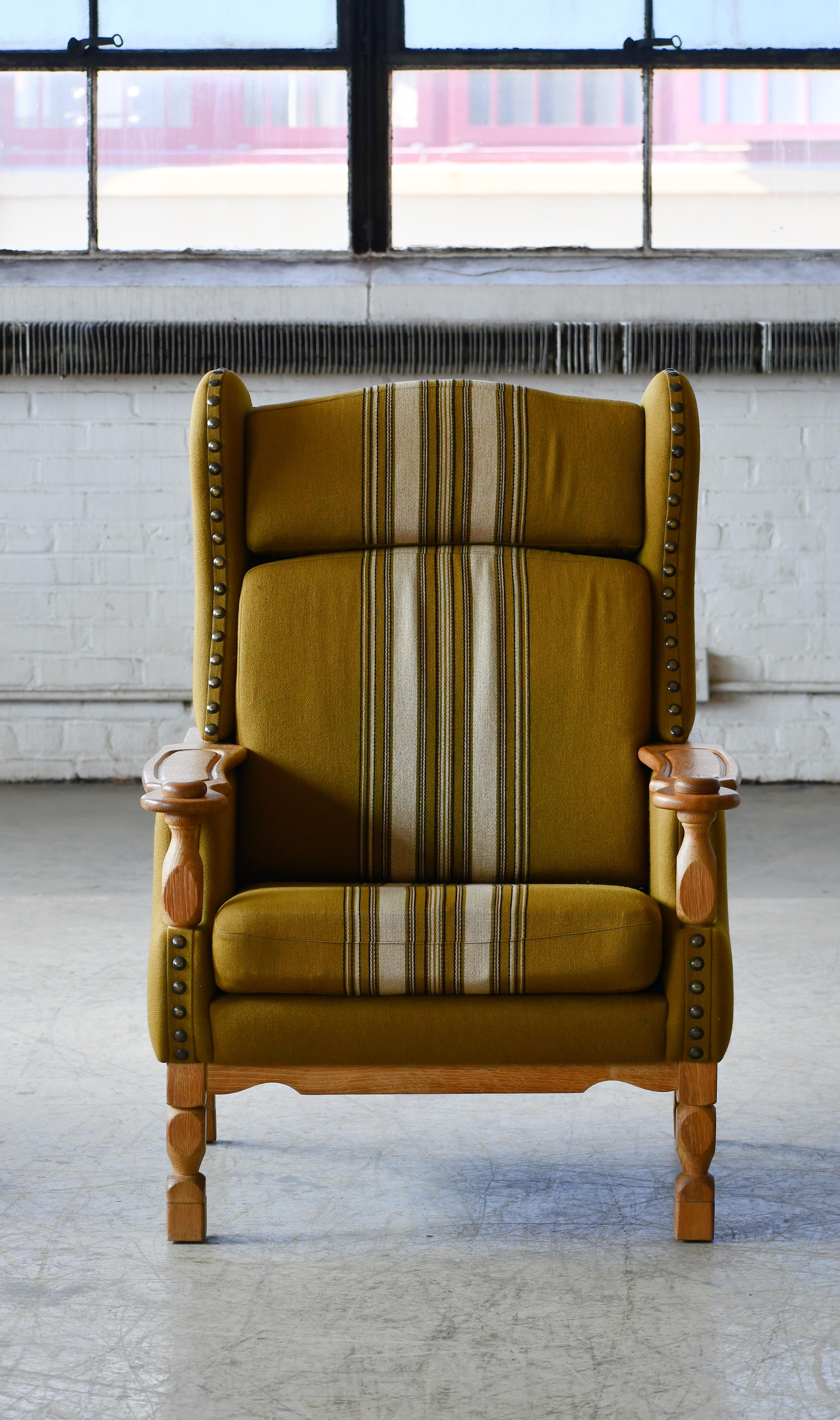 Scandinavian Modern Henning Kjaernulf Danish Mid-Century Carved Oak High Lounge Chair in Oak, 1970's For Sale