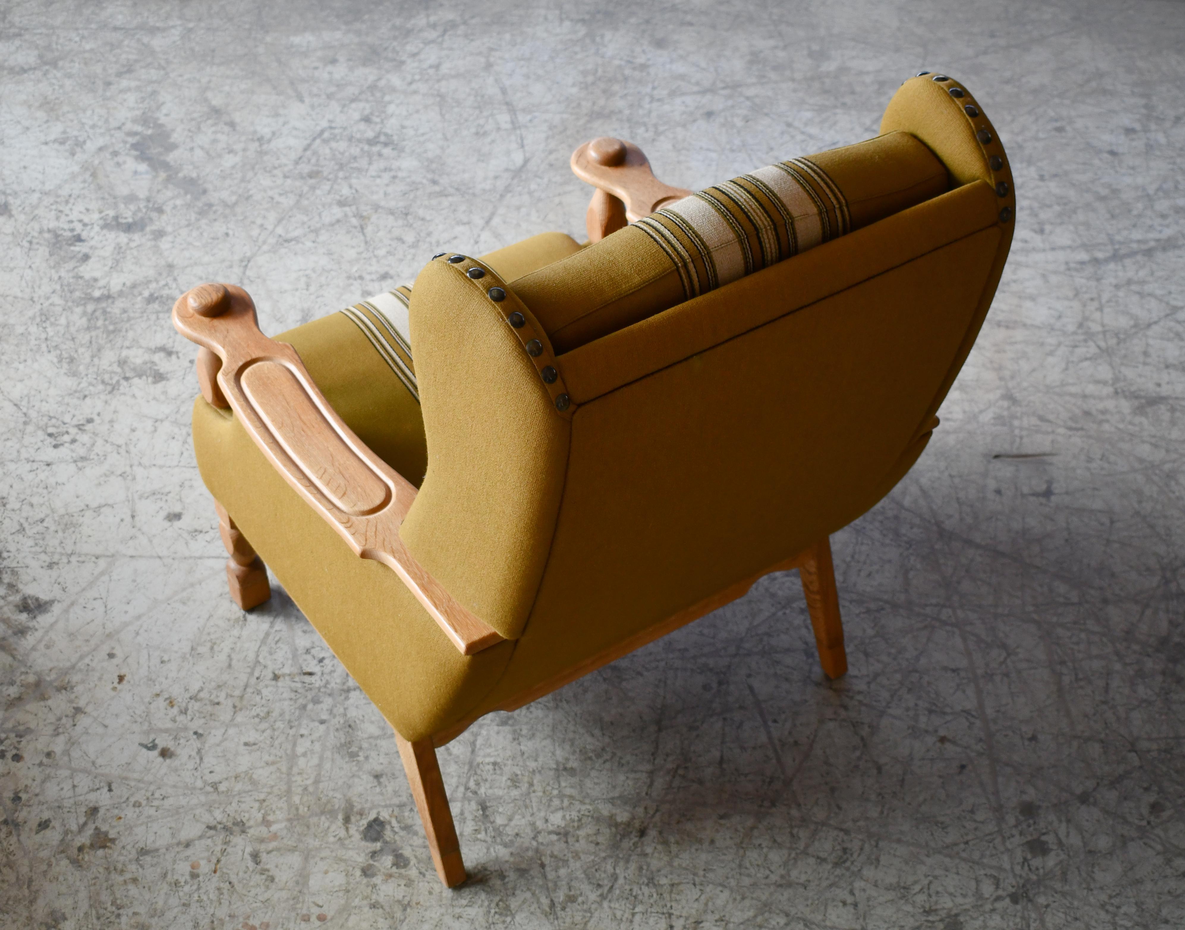 Wool Henning Kjaernulf Danish Mid-Century Carved Oak High Lounge Chair in Oak, 1970's For Sale