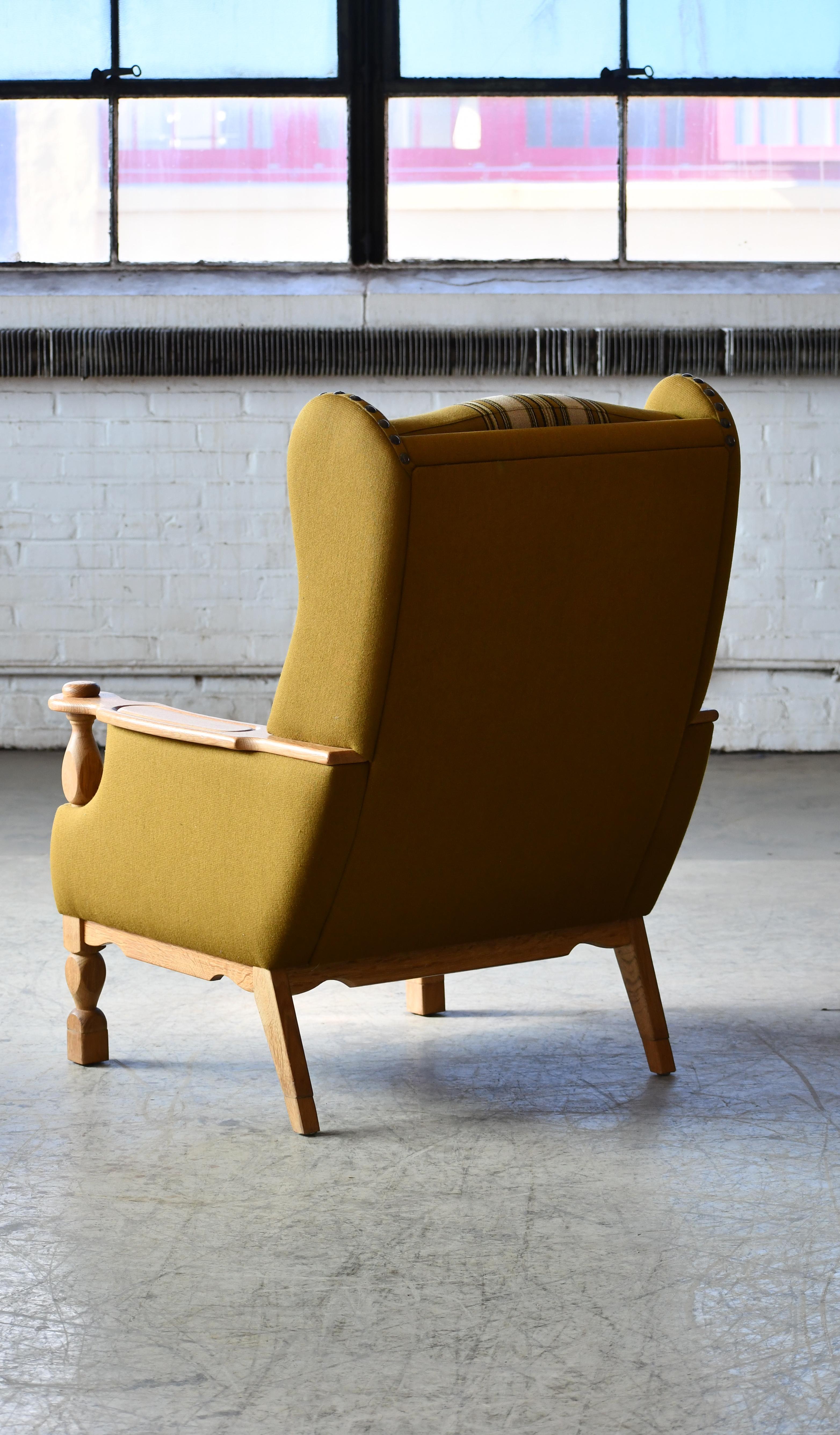 Henning Kjaernulf Danish Mid-Century Carved Oak High Lounge Chair in Oak, 1970's For Sale 1