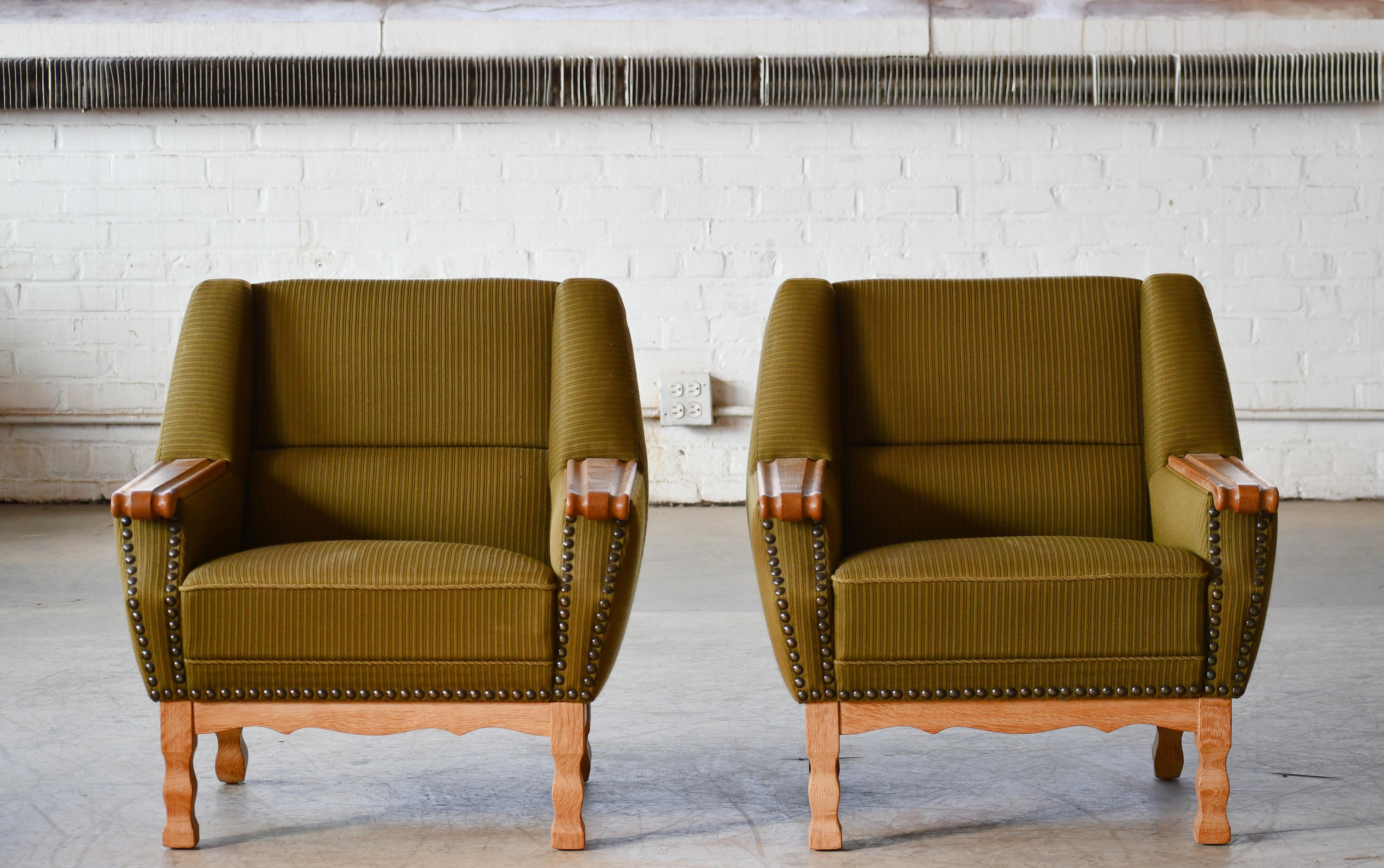 Scandinavian Modern Henning Kjaernulf Danish Mid-Century Carved Oak Lounge Chairs in Oak, 1970's For Sale