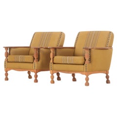 Henning Kjaernulf Danish Mid-Century Carved Oak Lounge Chairs in Oak, 1970's