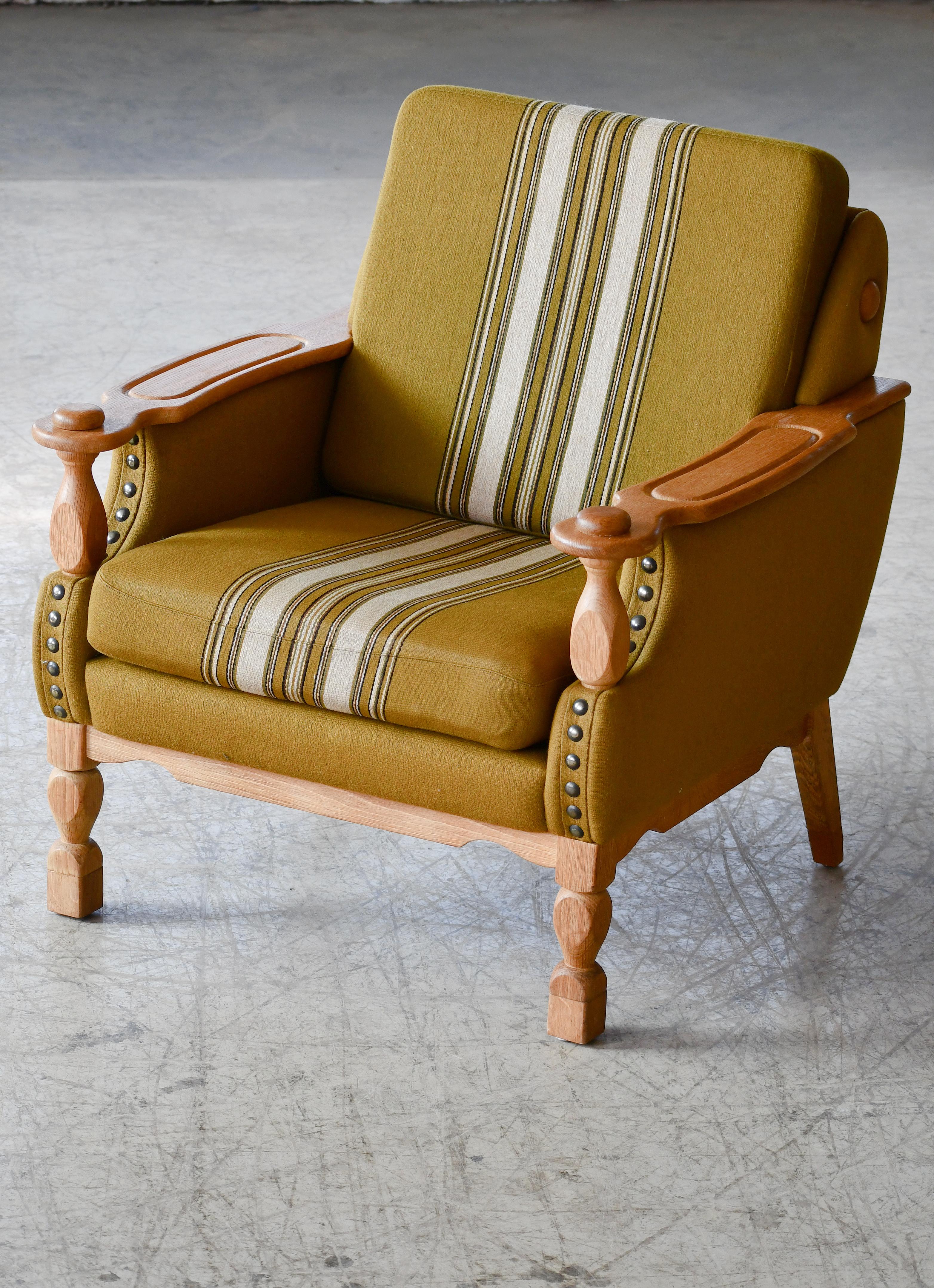 Wool Henning Kjaernulf Danish Mid-Century Carved Oak Low Lounge Chair in Oak, 1970's For Sale