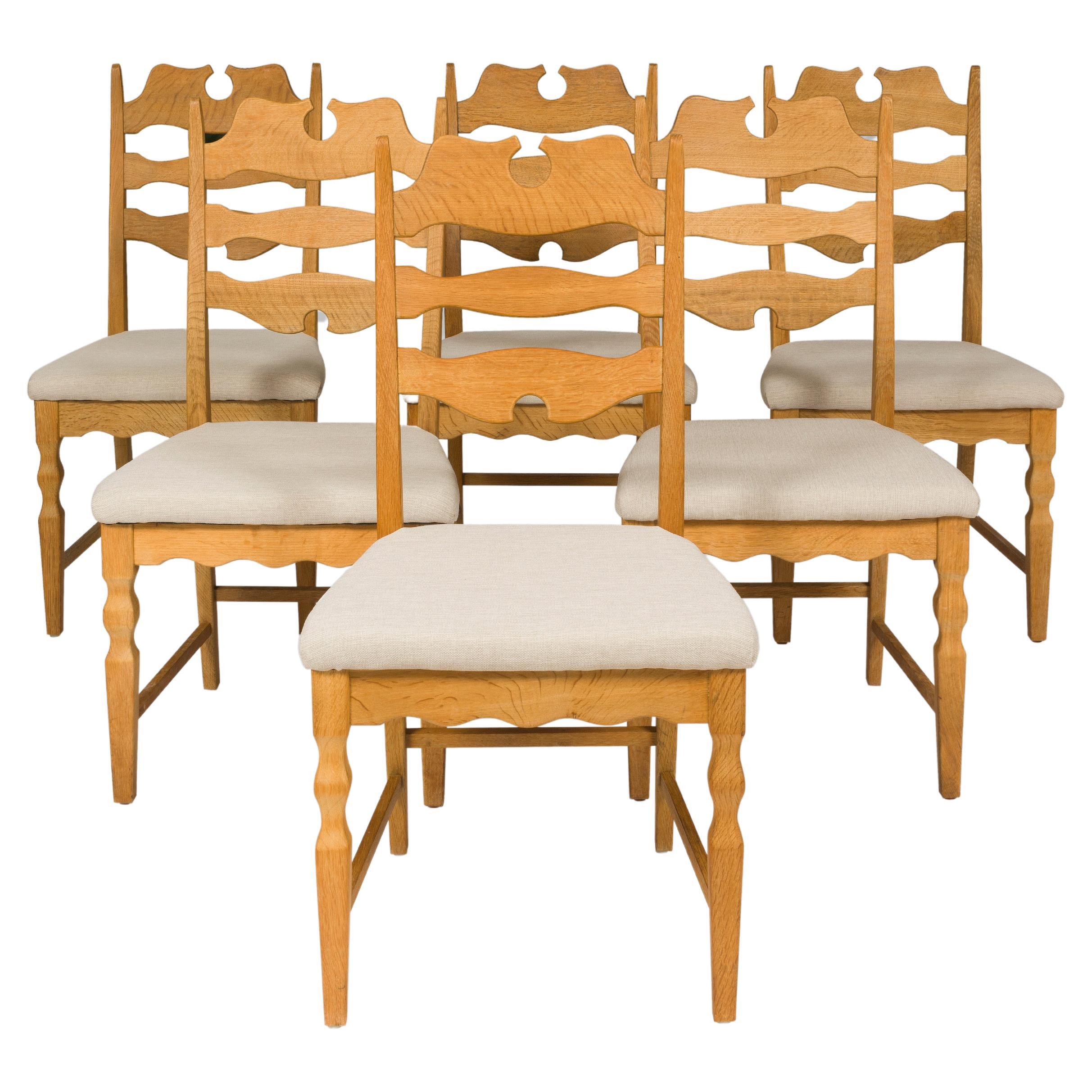 Henning Kjaernulf Razorblade Oak Set of 6 Dinning Chairs, 1960's