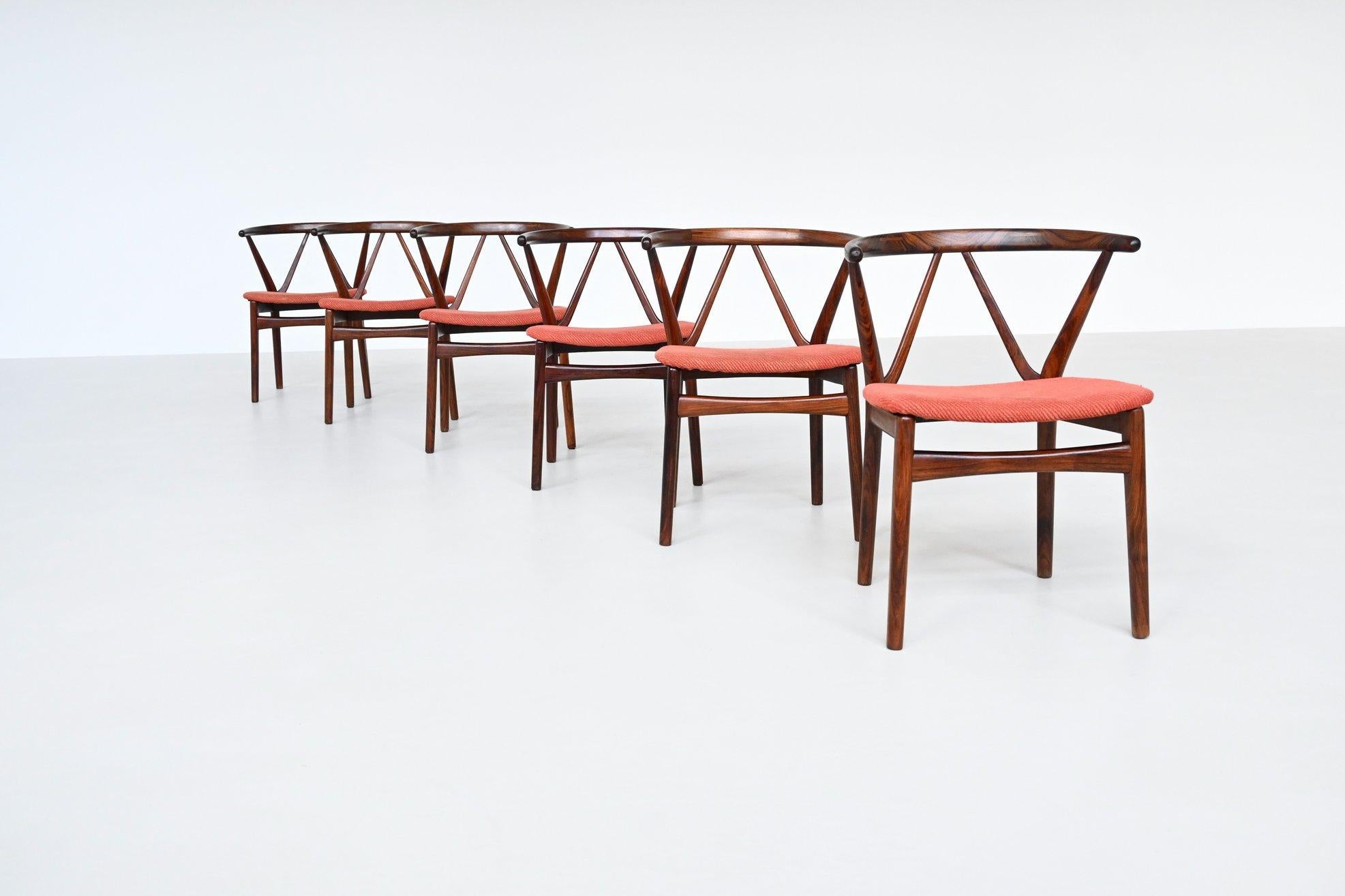 Scandinavian Modern Henning Kjaernulf dining chairs #255 in rosewood Bruno Hansen Denmark 1960