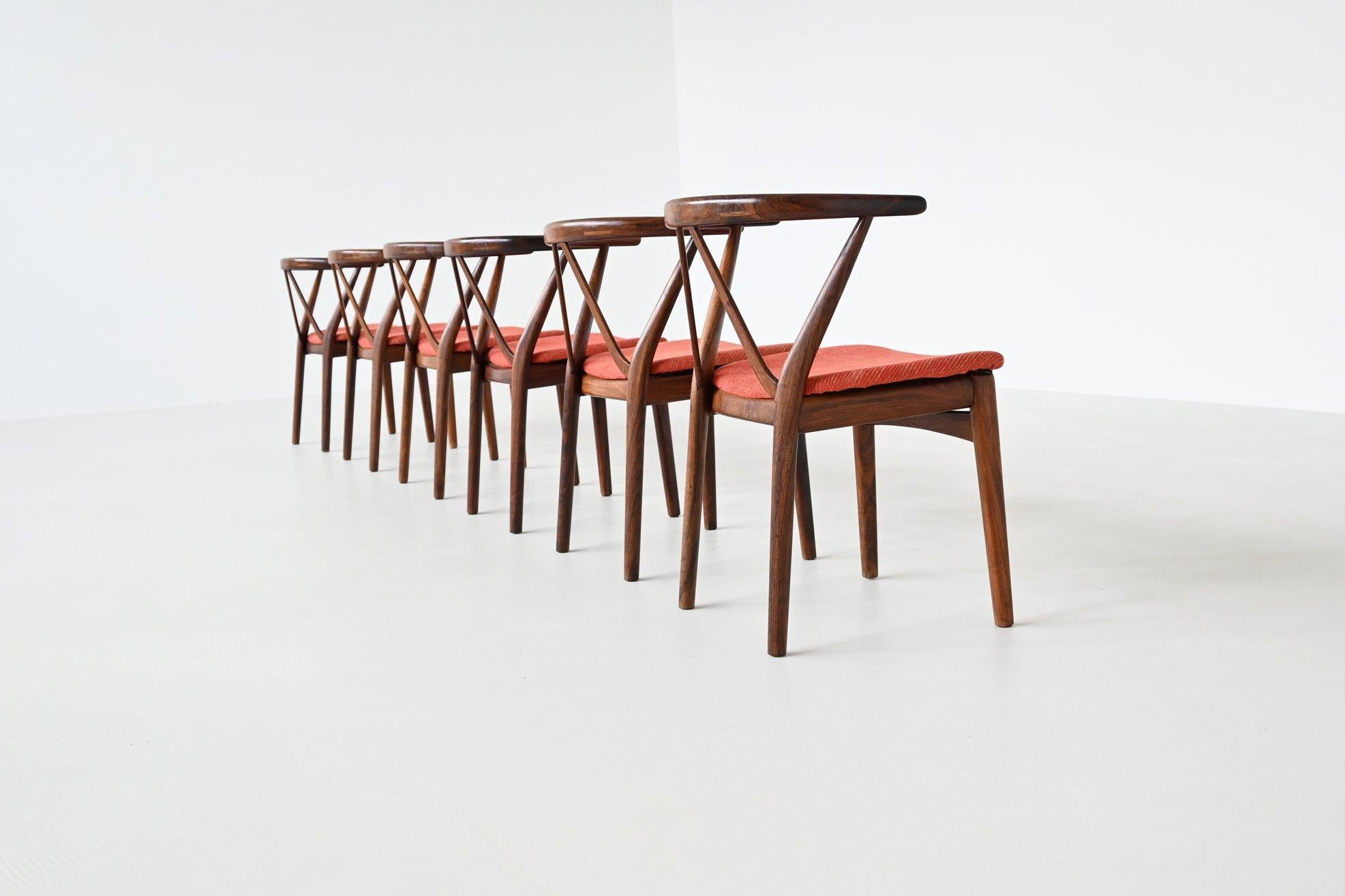 Fabric Henning Kjaernulf dining chairs #255 in rosewood Bruno Hansen Denmark 1960