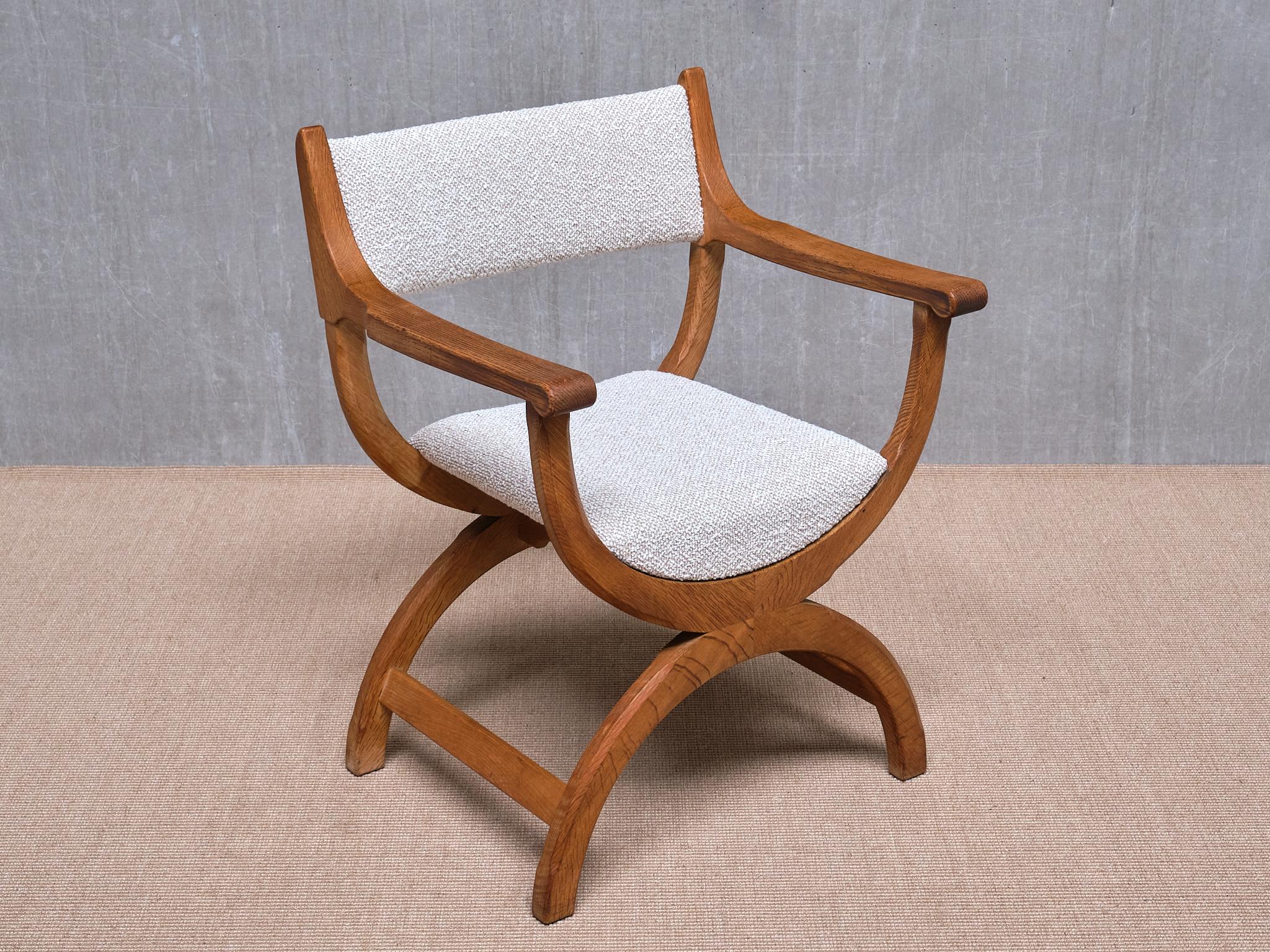 Scandinavian Modern Henning Kjærnulf 'Kurul' Armchair in Oak and Rubelli Bouclé, Denmark, 1960s For Sale