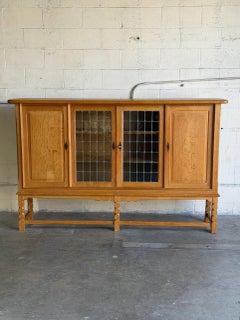 Henning Kjaernulf Large Oak Sideboard with 2 Leaded Glass Doors Denmark 1960s