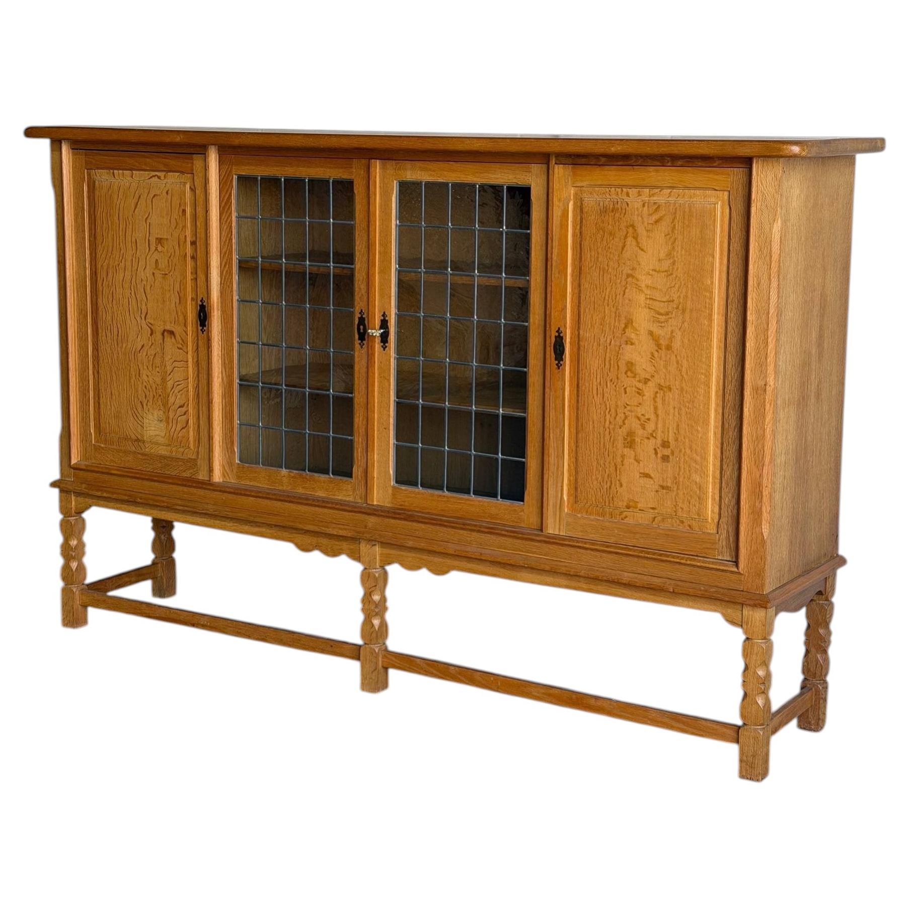 Henning Kjaernulf Large Oak Sideboard with 2 Leaded Glass Doors Denmark 1960s For Sale