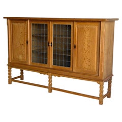 Henning Kjaernulf Large Oak Sideboard with 2 Leaded Glass Doors Denmark 1960s