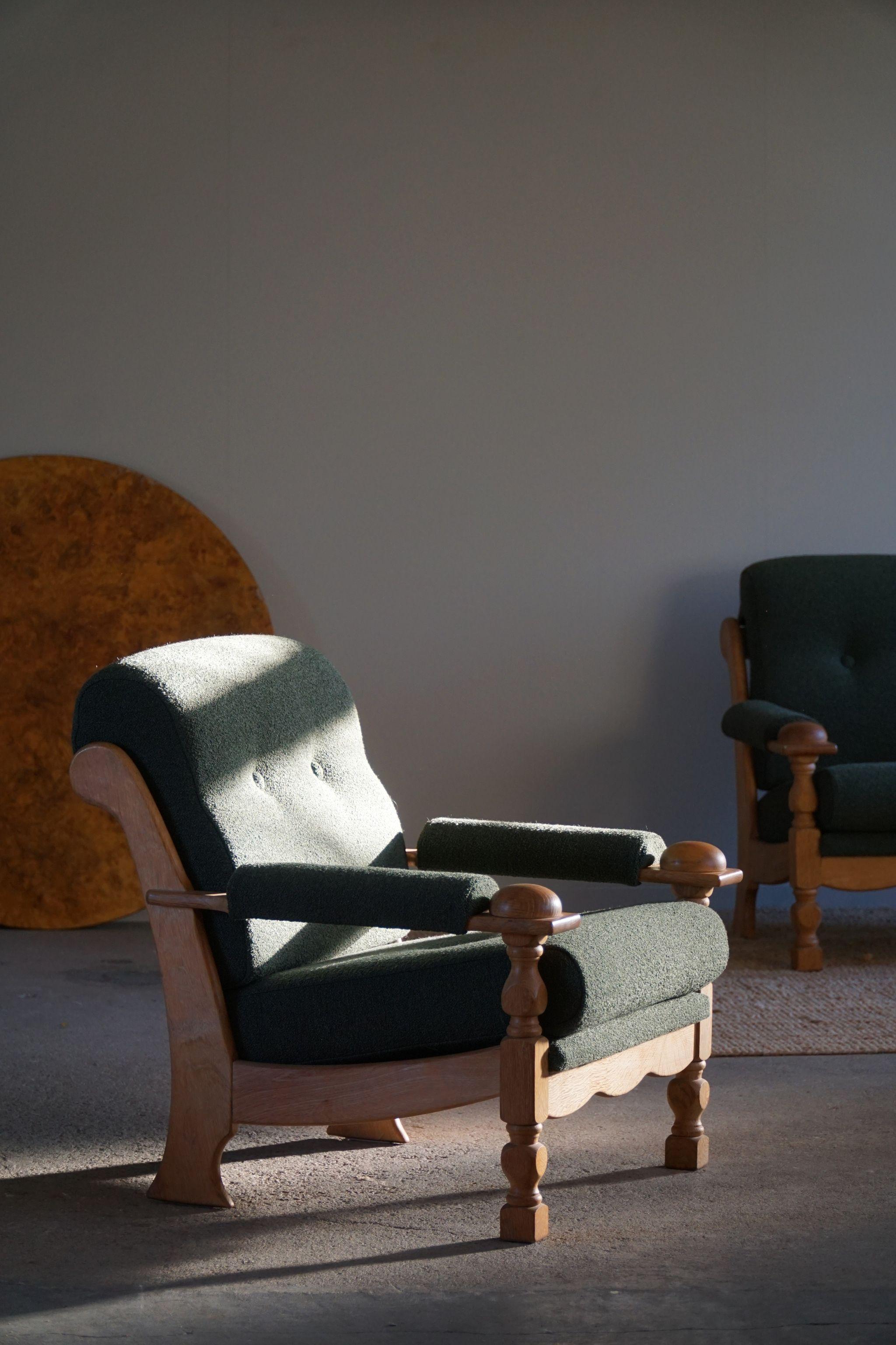 Henning Kjærnulf, Lounge Chairs in Oak & Bouclé, Danish Mid Century, 1960s For Sale 1