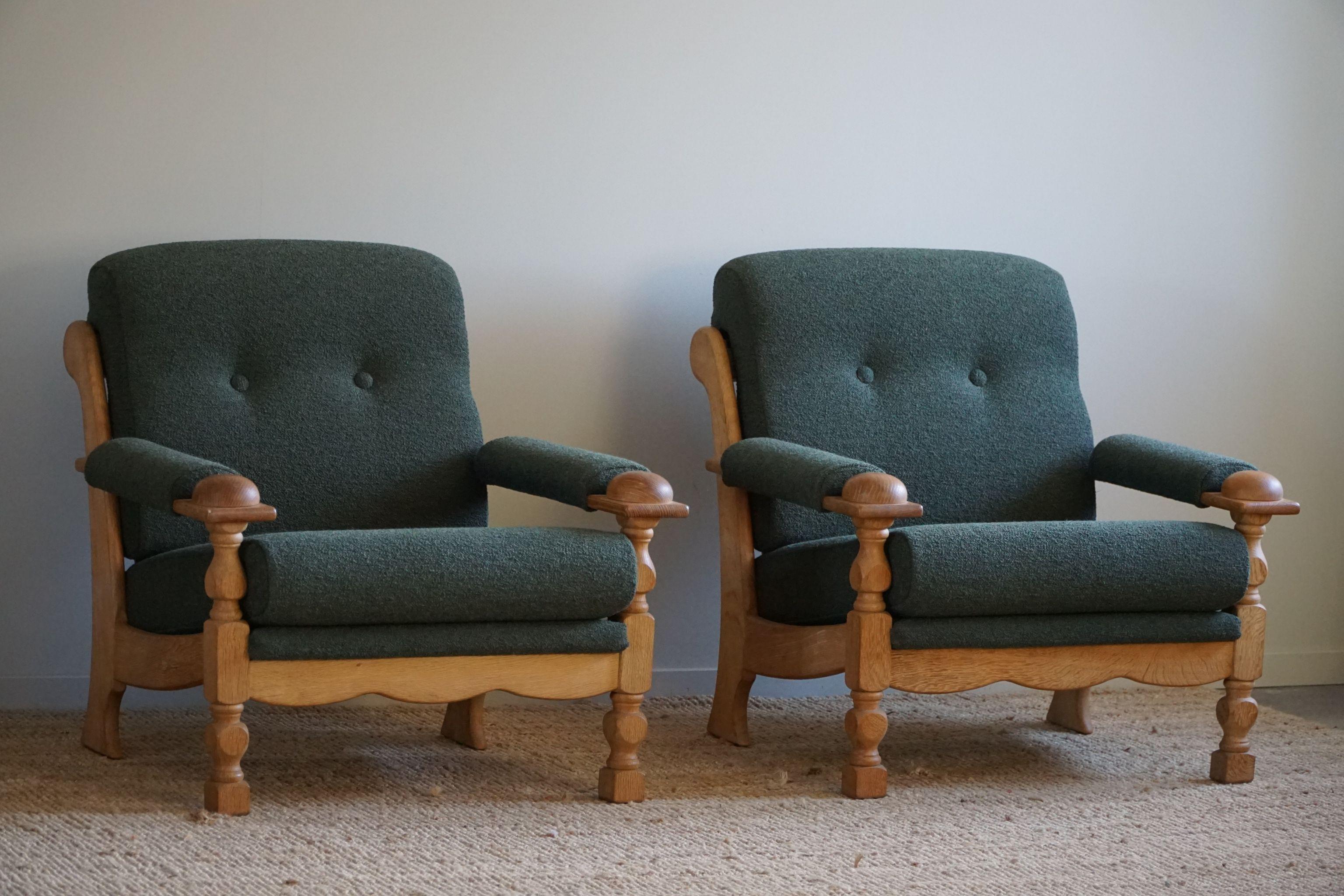 Henning Kjærnulf, Lounge Chairs in Oak & Bouclé, Danish Mid Century, 1960s For Sale 3