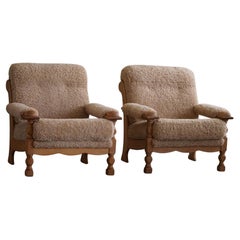 Henning Kjærnulf, Lounge Chairs in Oak 
Lambswool, Danish Mid Century, 1960s