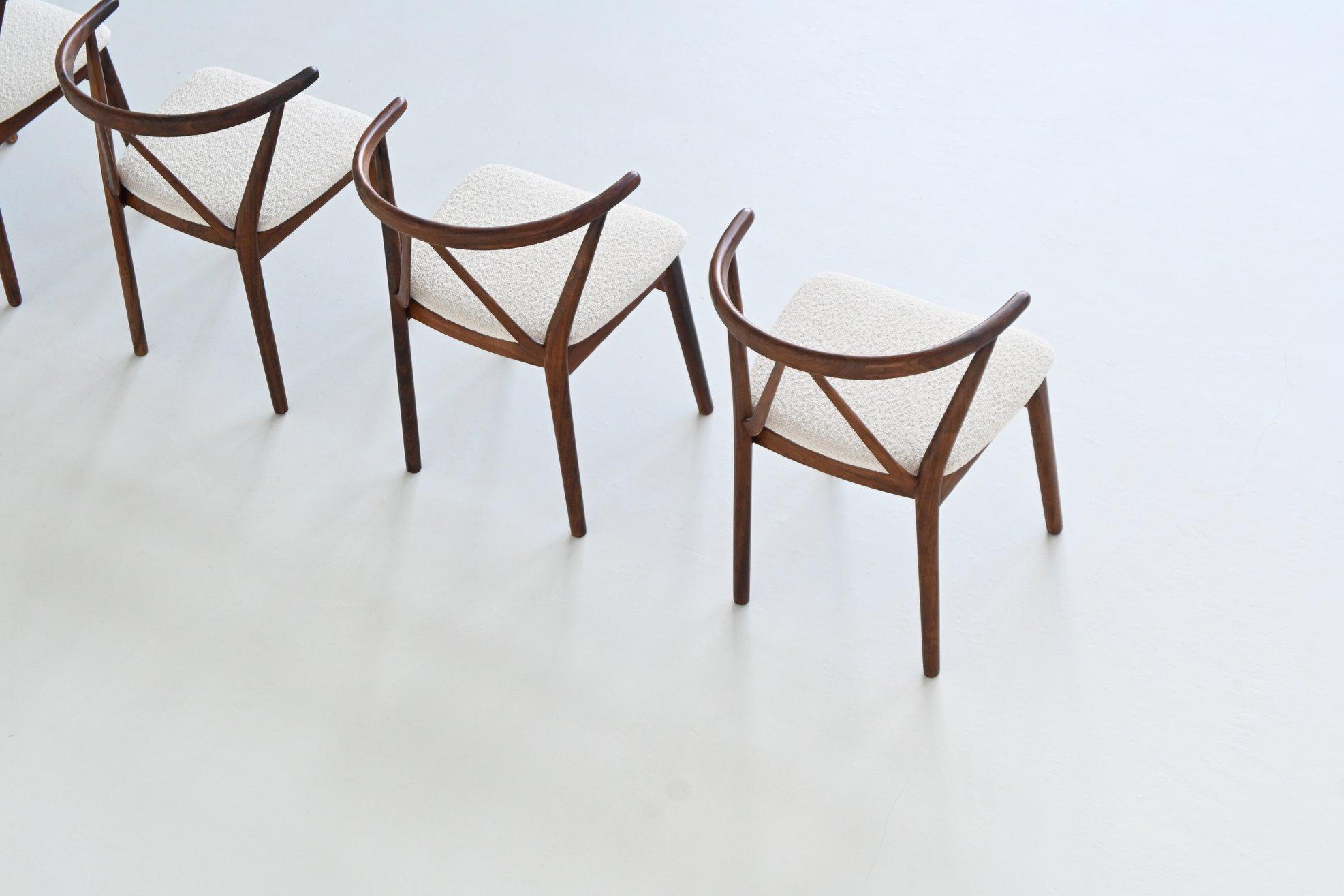 Fabric Henning Kjaernulf model #255 dining chairs in rosewood Bruno Hansen Denmark 1960 For Sale