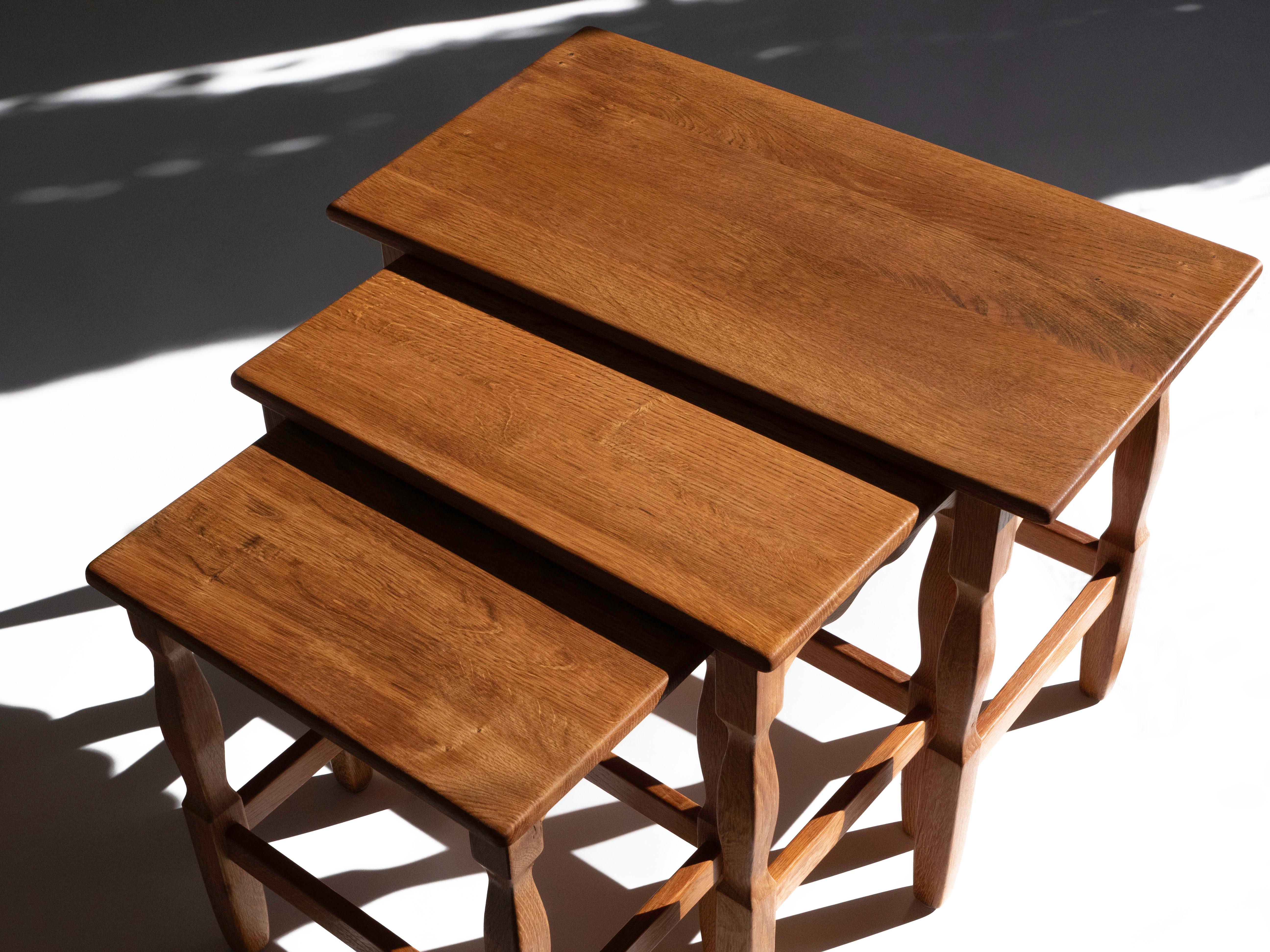Henning Kjaernulf Nesting Tables in Solid Oak, Denmark 1960's In Good Condition For Sale In Los Angeles, CA
