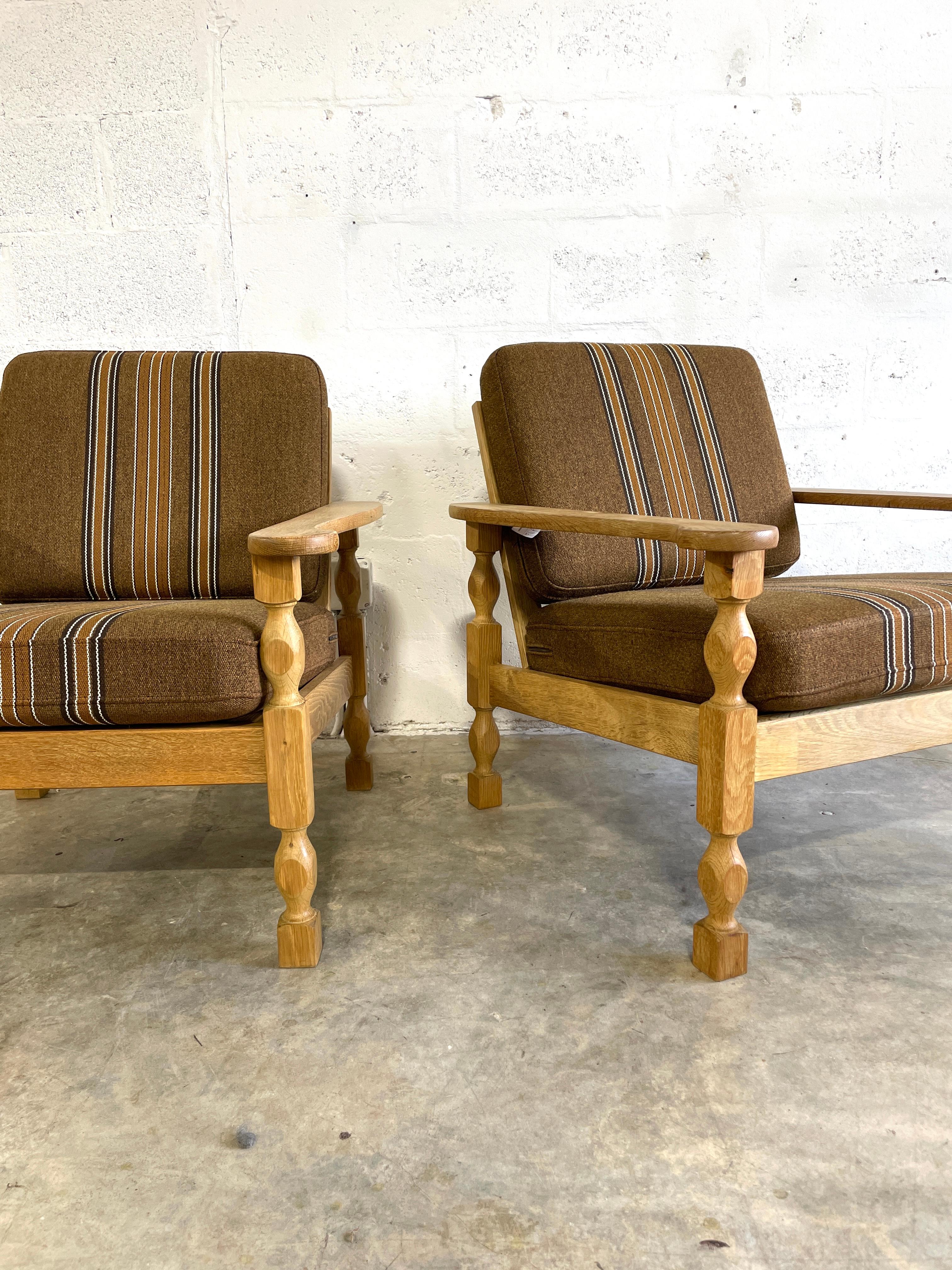 Stunning Pair of Henning Kjaernulf Danish Oak Lounge Rustic Chairs. Original Cushions.