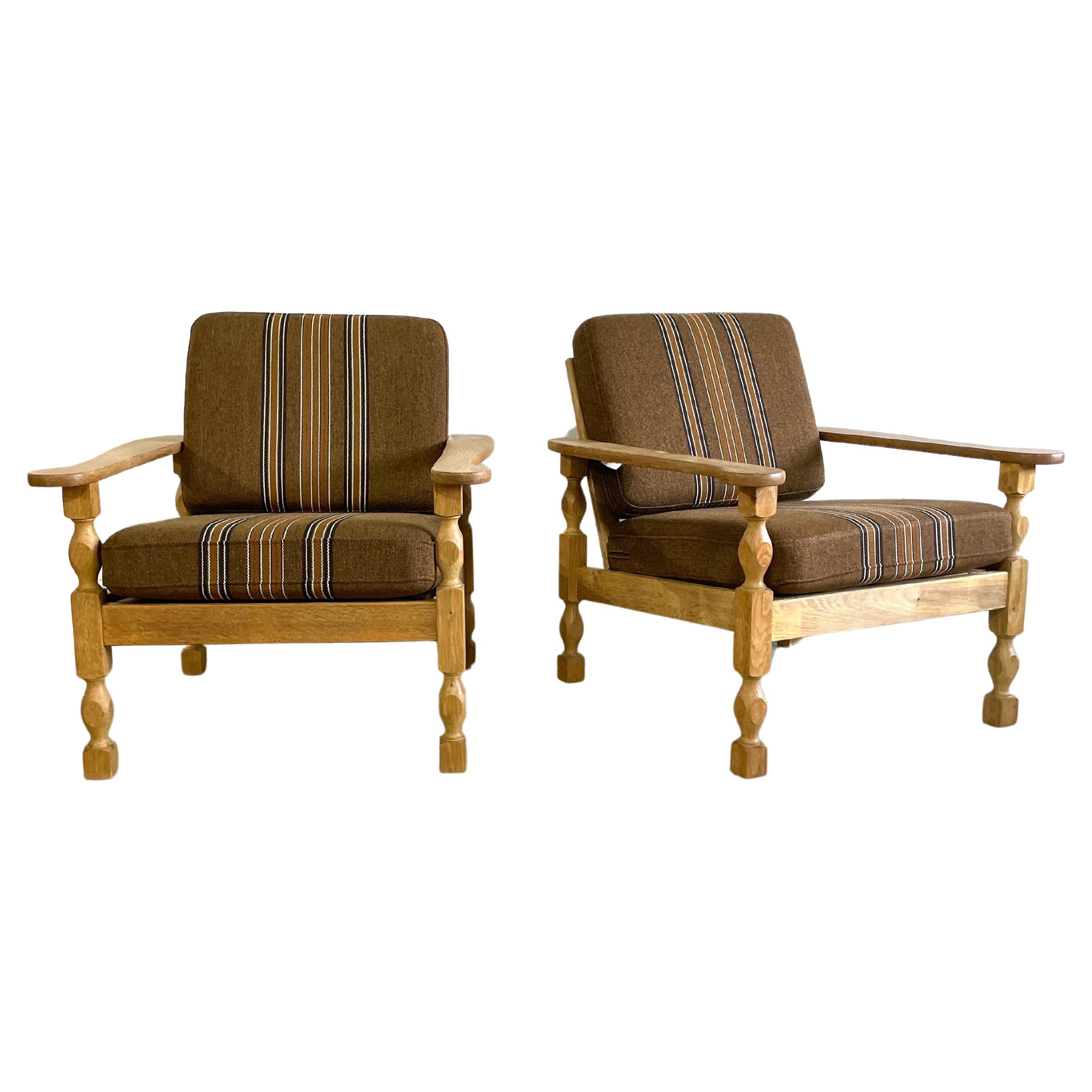 Henning Kjaernulf Oak Brutalist Rustic Danish Lounge Chairs For Sale