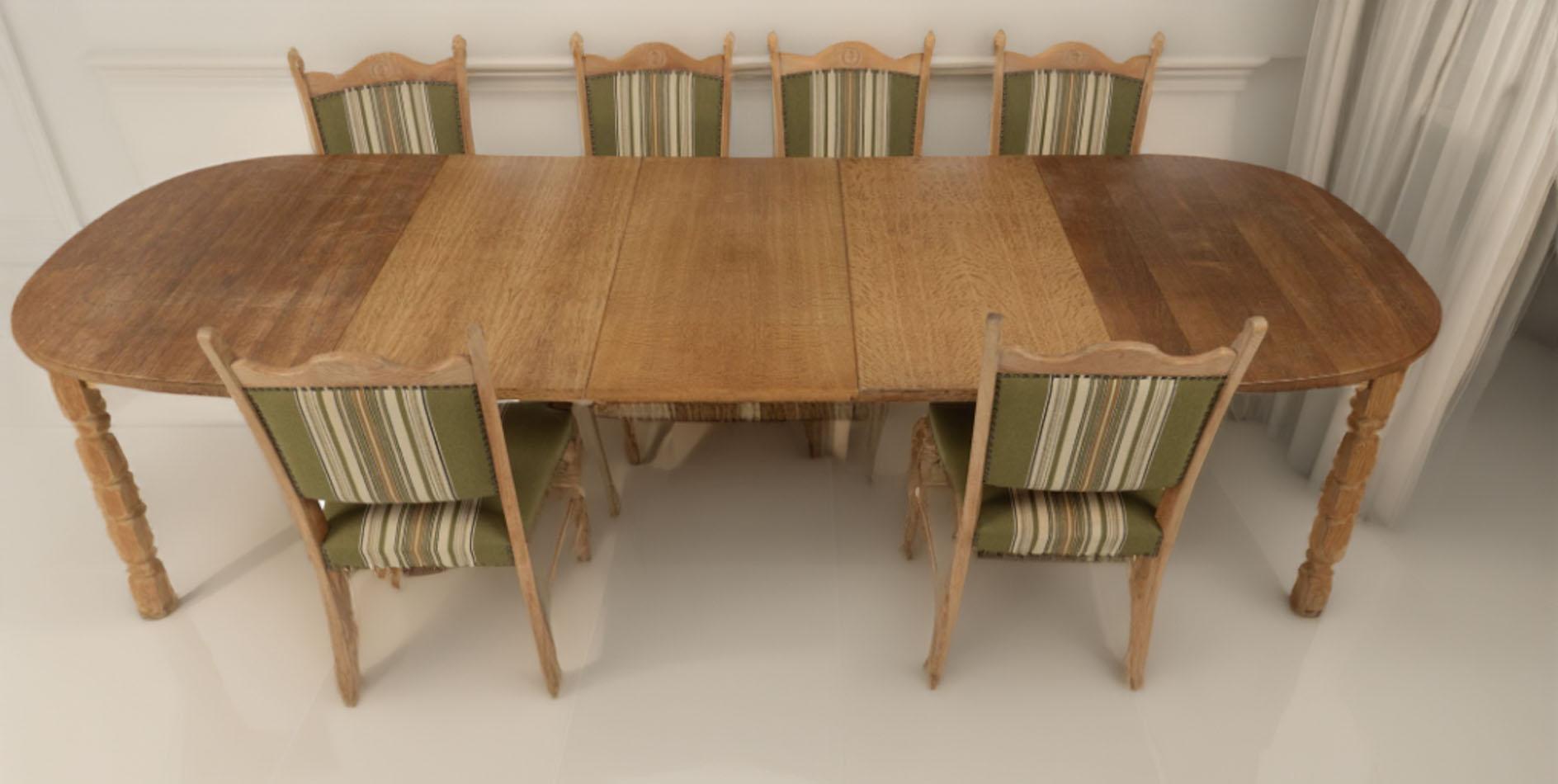 Rustic Henning Kjærnulf Oak Dining Table and 6 Dining Chairs, Denmark, Circa 1960s