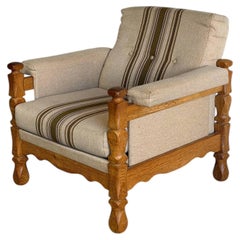 Henning Kjærnulf Oak Lounge Chair with Striped Upholstery Danish Vintage 1970s