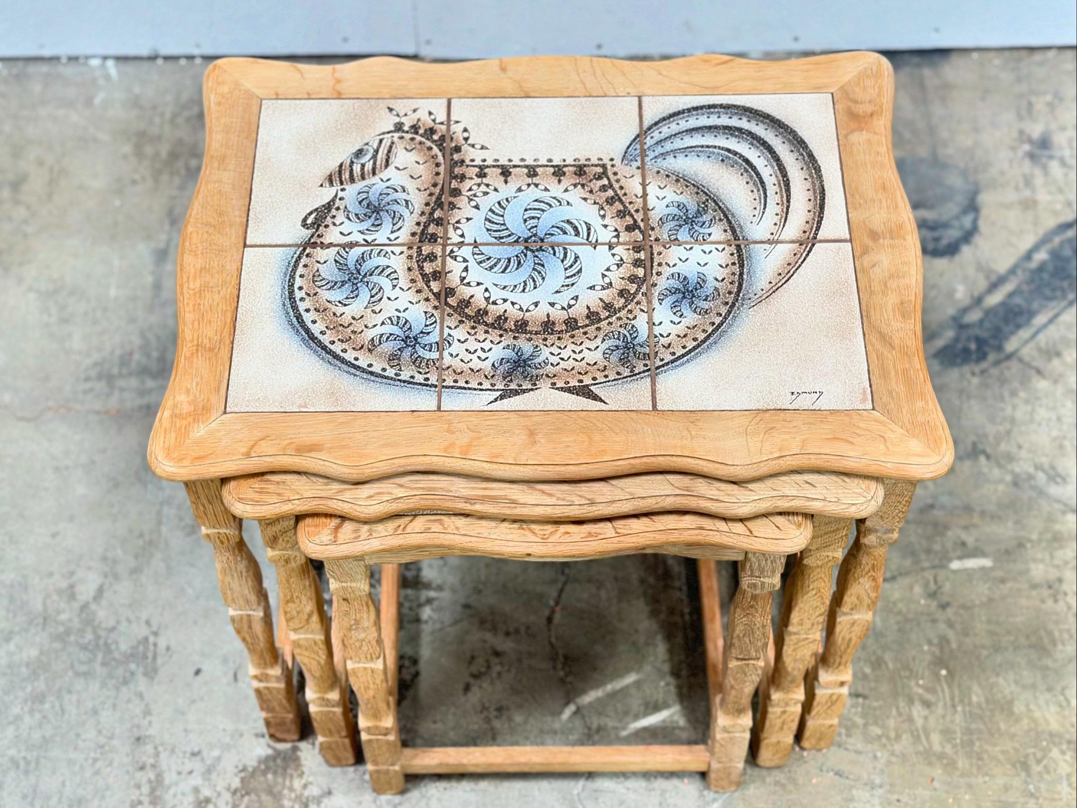 Scandinavian Modern Henning Kjaernulf Oak Nesting Tables - Danish Modern Edmund Pedersen Tile