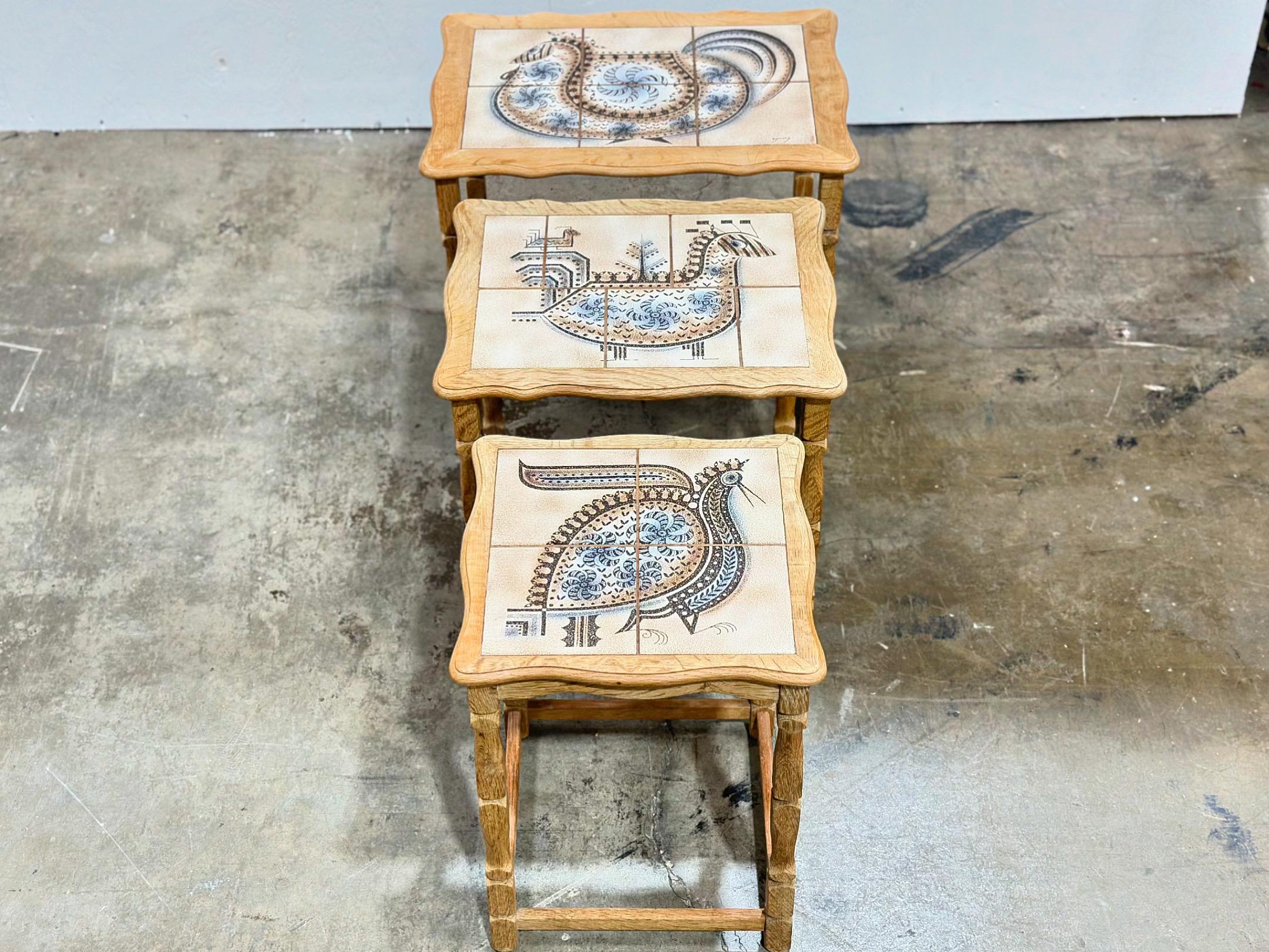 Late 20th Century Henning Kjaernulf Oak Nesting Tables - Danish Modern Edmund Pedersen Tile