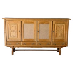 Henning Kjærnulf Oak Sideboard Credenza with Carved Doors Danish Vintage 1970s