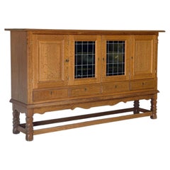 Henning Kjærnulf Oak Sideboard Credenza with Leaded Glass Doors Danish 1970s